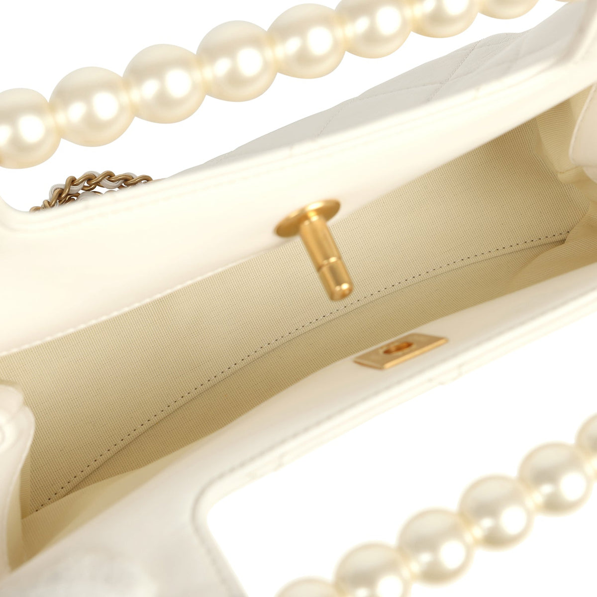 Chanel Pearl Top Handle Small Shopping Bag White Shiny Lambskin Brushed Gold Hardware
