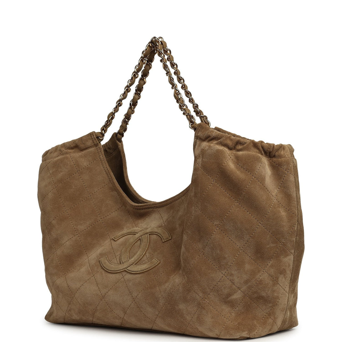 Chanel Large CC Cabas Hobo Bag Dark Beige Suede Gold Hardware