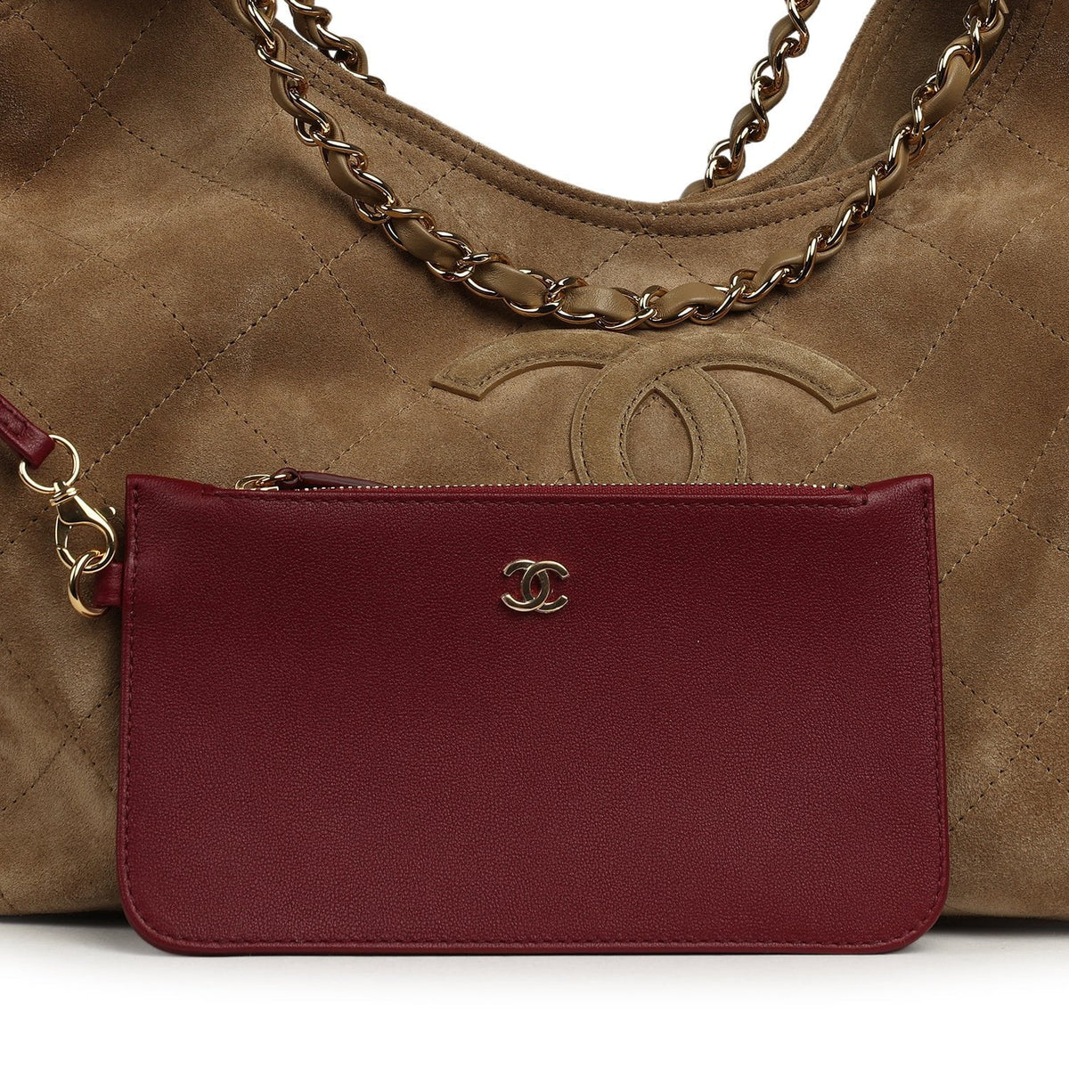 Chanel Large CC Cabas Hobo Bag Dark Beige Suede Gold Hardware