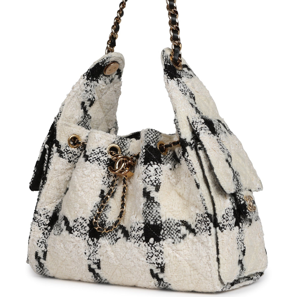 Chanel Small 25 Hobo Bag White, Black Tweed Gold Hardware