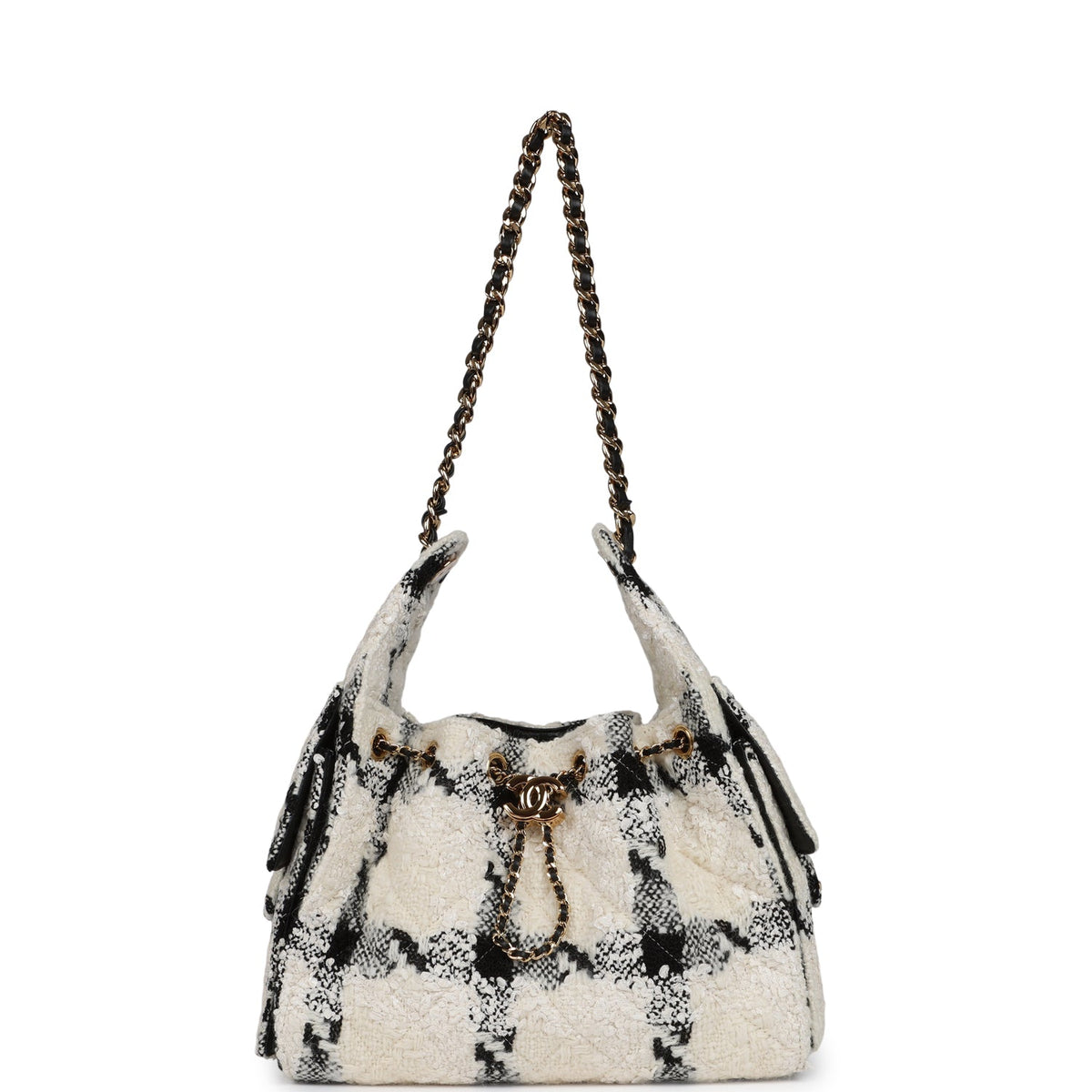 Chanel Small 25 Hobo Bag White, Black Tweed Gold Hardware