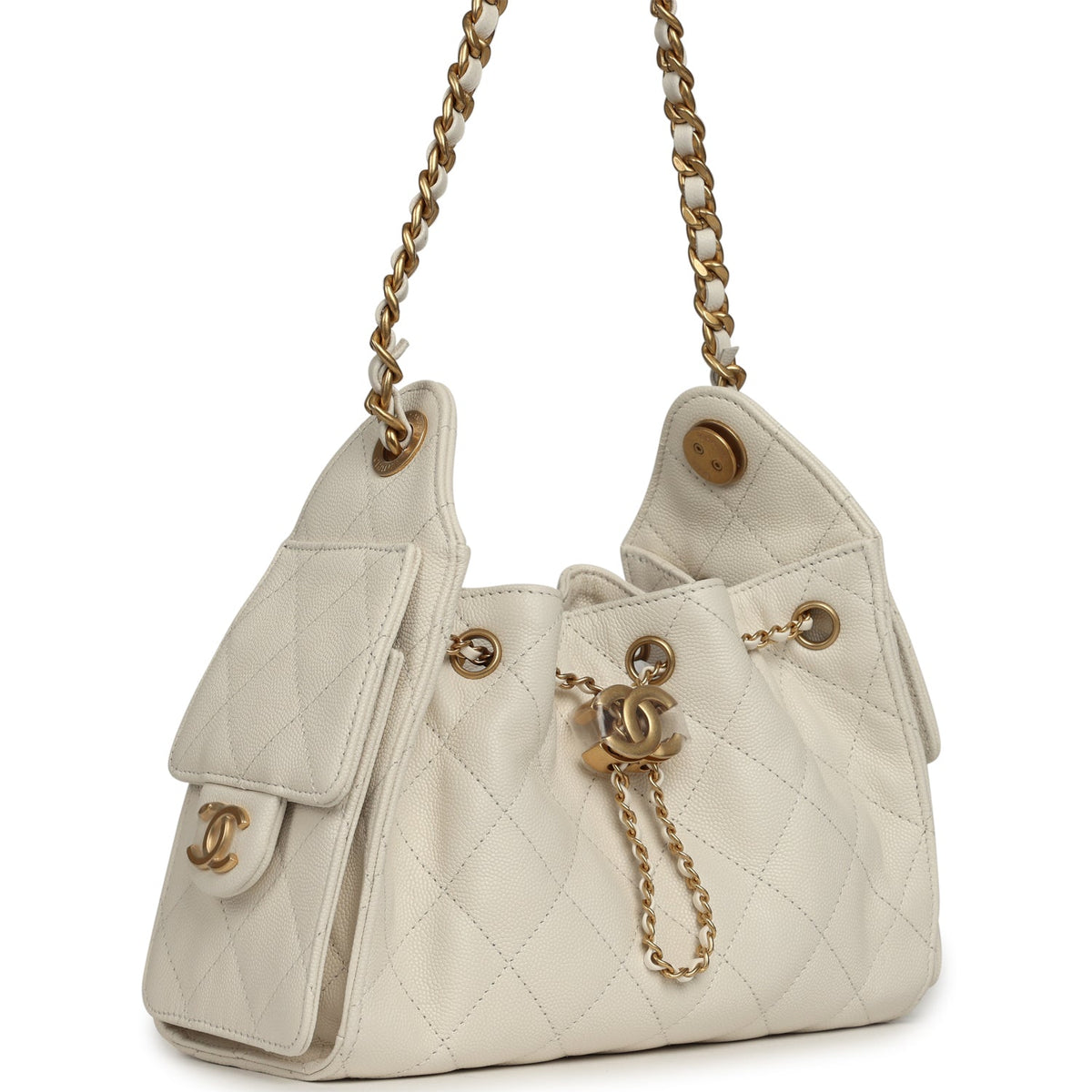 Chanel Mini 25 Hobo Bag White Caviar Antique Gold Hardware