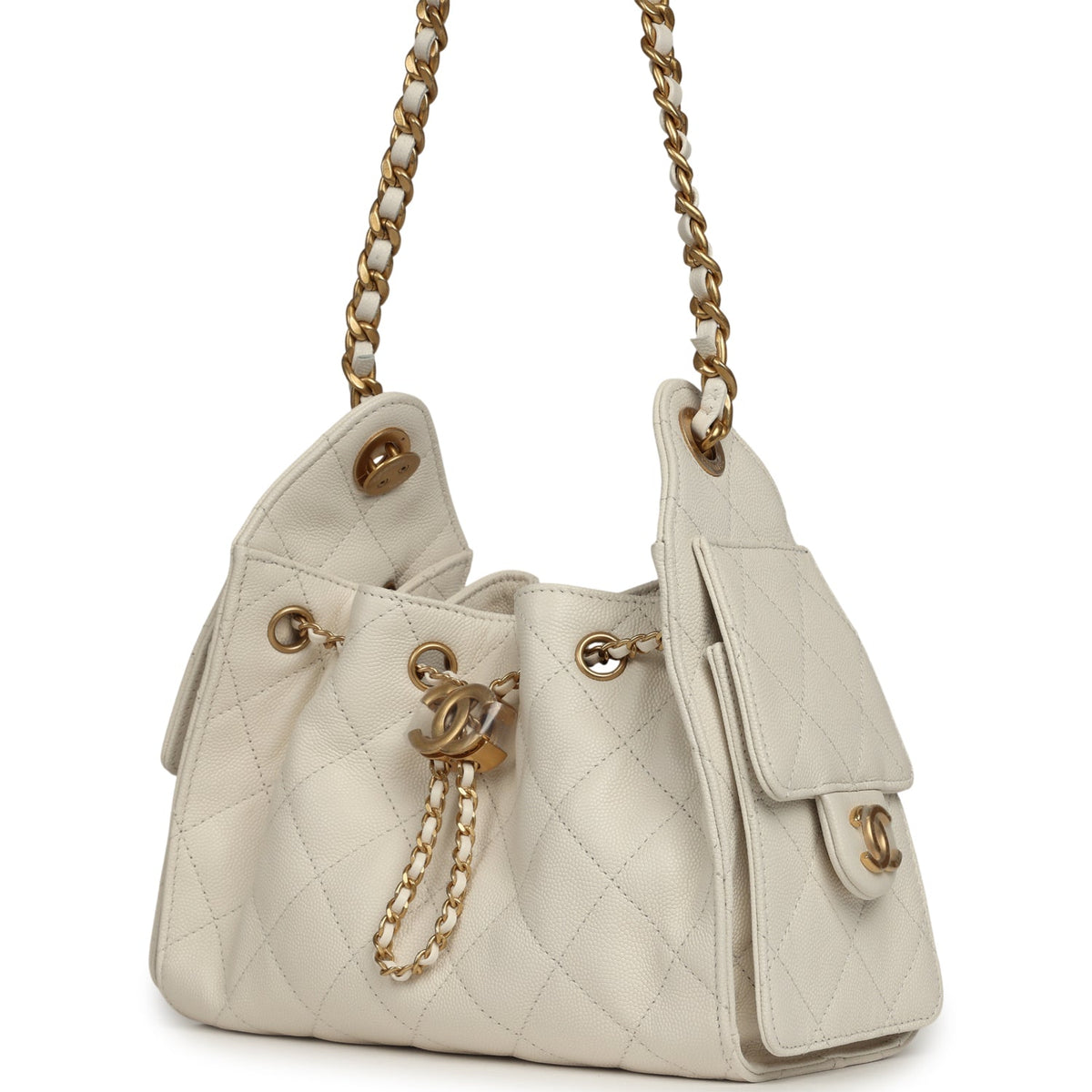 Chanel Mini 25 Hobo Bag White Caviar Antique Gold Hardware