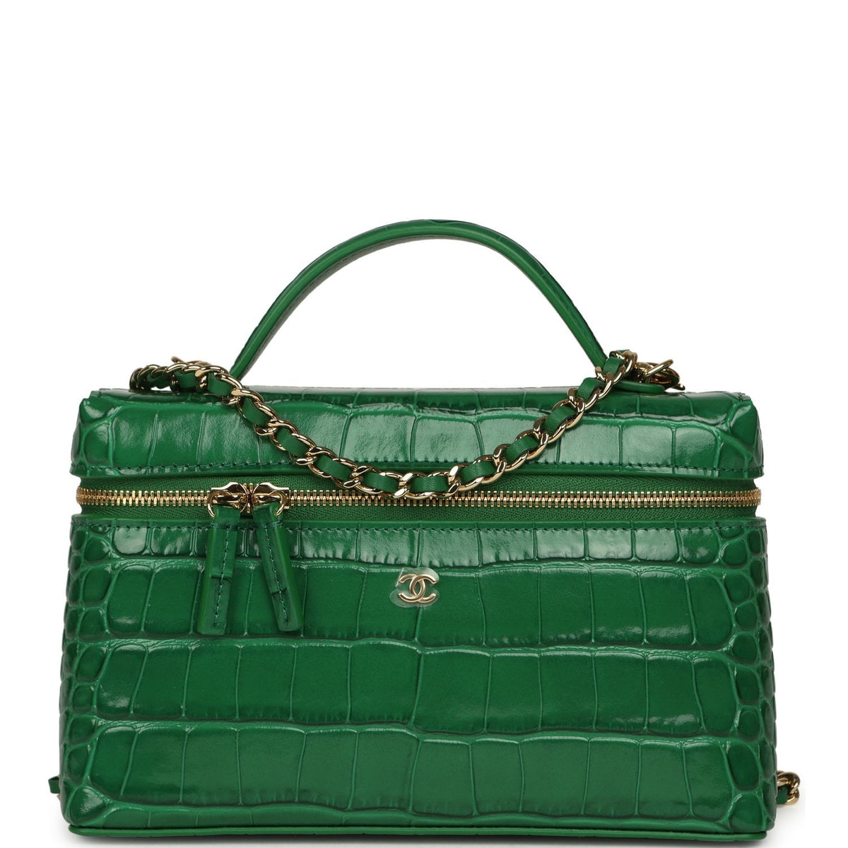 Chanel Top Handle Long Vanity Case with Chain Green Croc Embossed Calfskin Gold Hardware