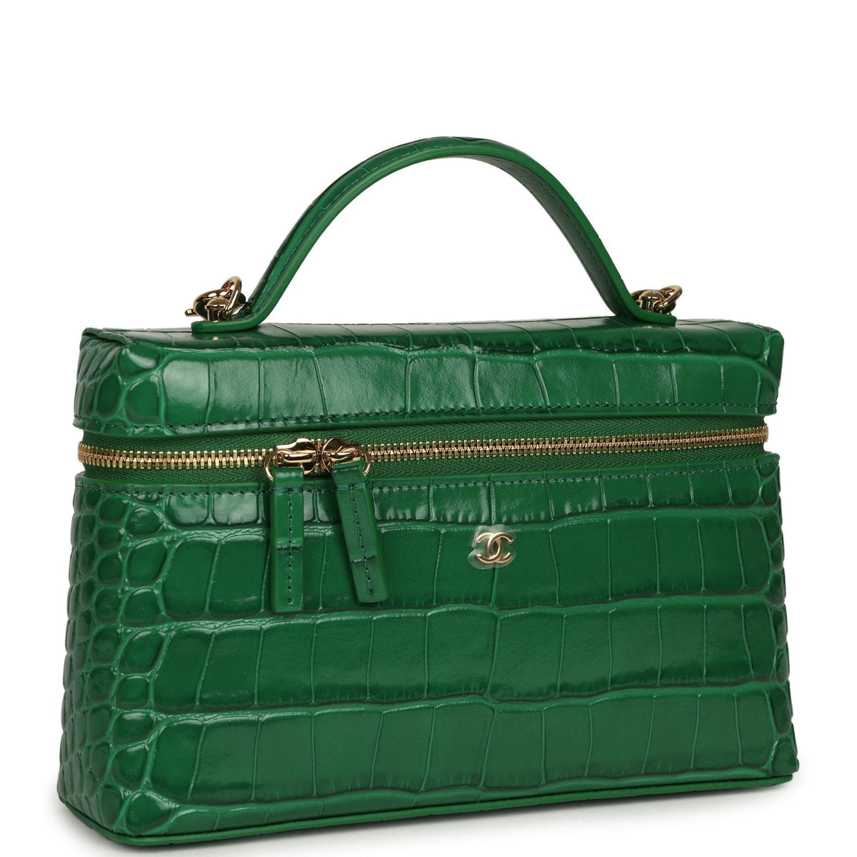 Chanel Top Handle Long Vanity Case with Chain Green Croc Embossed Calfskin Gold Hardware