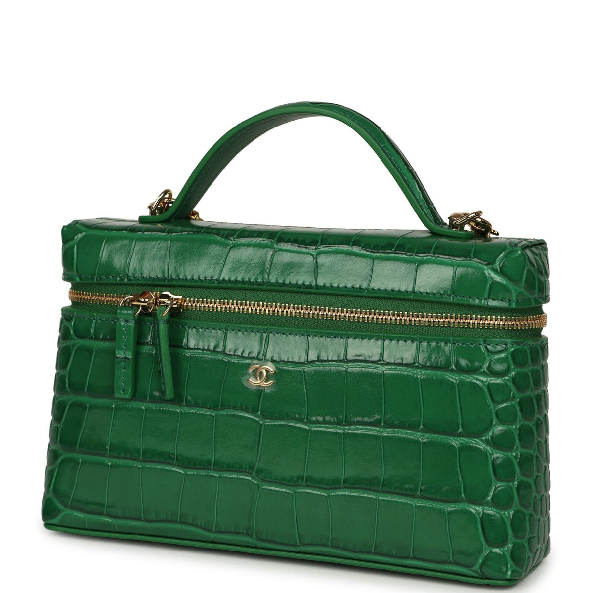 Chanel Top Handle Long Vanity Case with Chain Green Croc Embossed Calfskin Gold Hardware