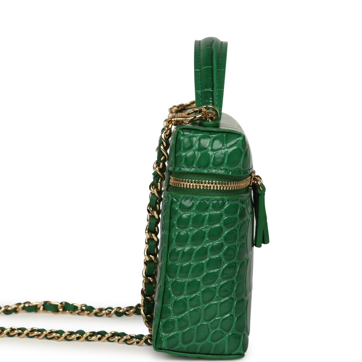 Chanel Top Handle Long Vanity Case with Chain Green Croc Embossed Calfskin Gold Hardware