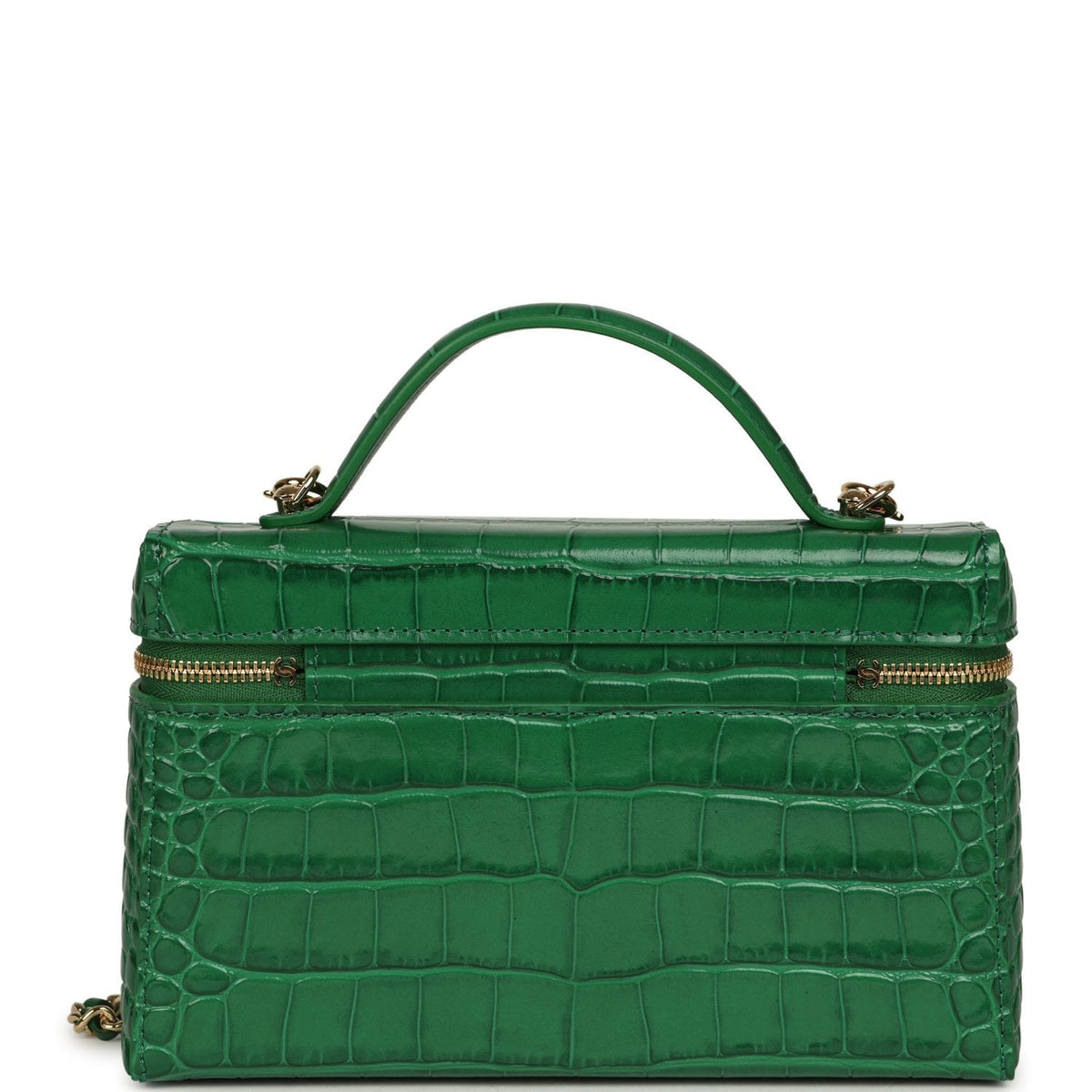 Chanel Top Handle Long Vanity Case with Chain Green Croc Embossed Calfskin Gold Hardware