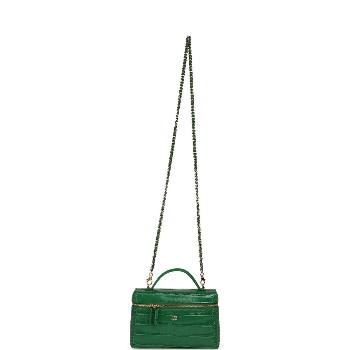 Chanel Top Handle Long Vanity Case with Chain Green Croc Embossed Calfskin Gold Hardware