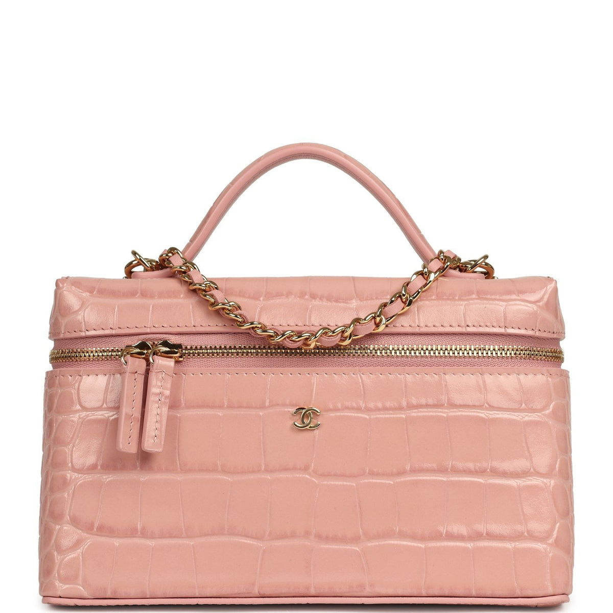 Chanel Top Handle Long Vanity Case with Chain Pink Croc Embossed Calfskin Gold Hardware