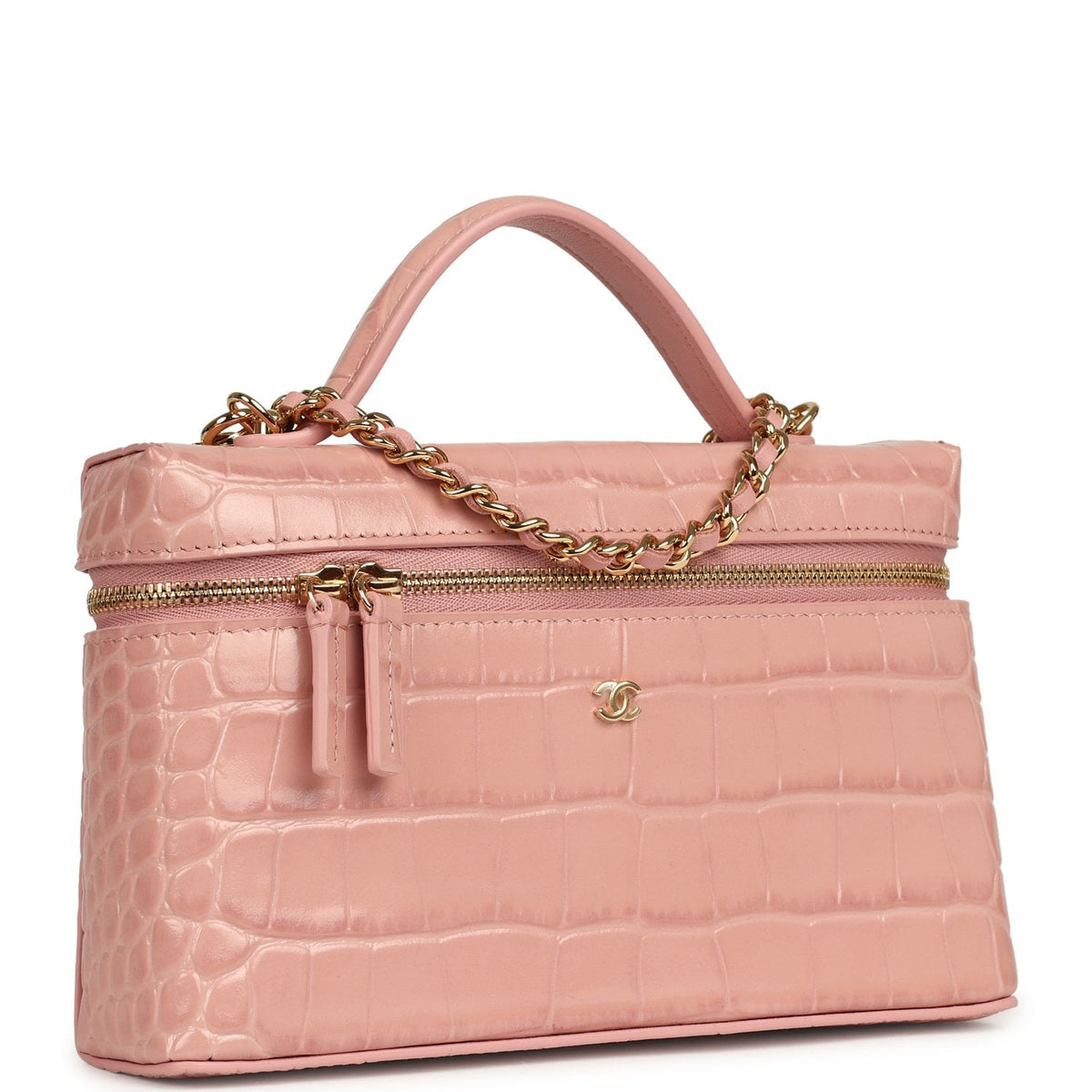 Chanel Top Handle Long Vanity Case with Chain Pink Croc Embossed Calfskin Gold Hardware