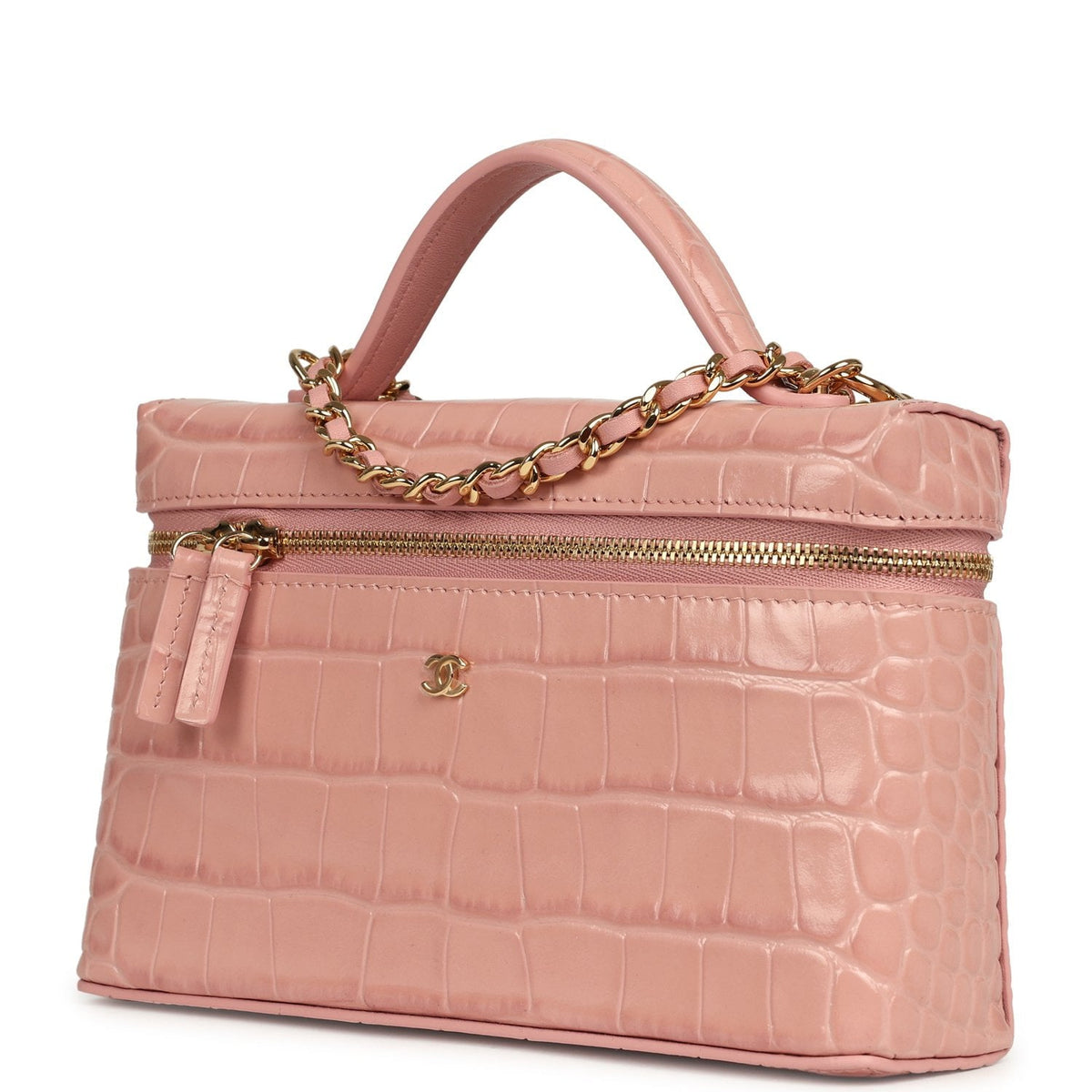Chanel Top Handle Long Vanity Case with Chain Pink Croc Embossed Calfskin Gold Hardware
