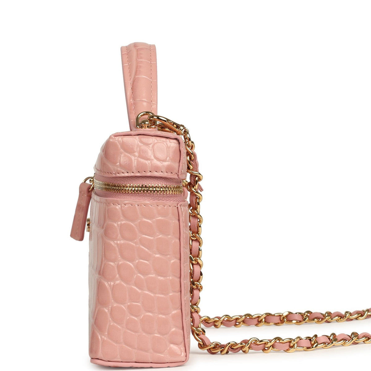 Chanel Top Handle Long Vanity Case with Chain Pink Croc Embossed Calfskin Gold Hardware