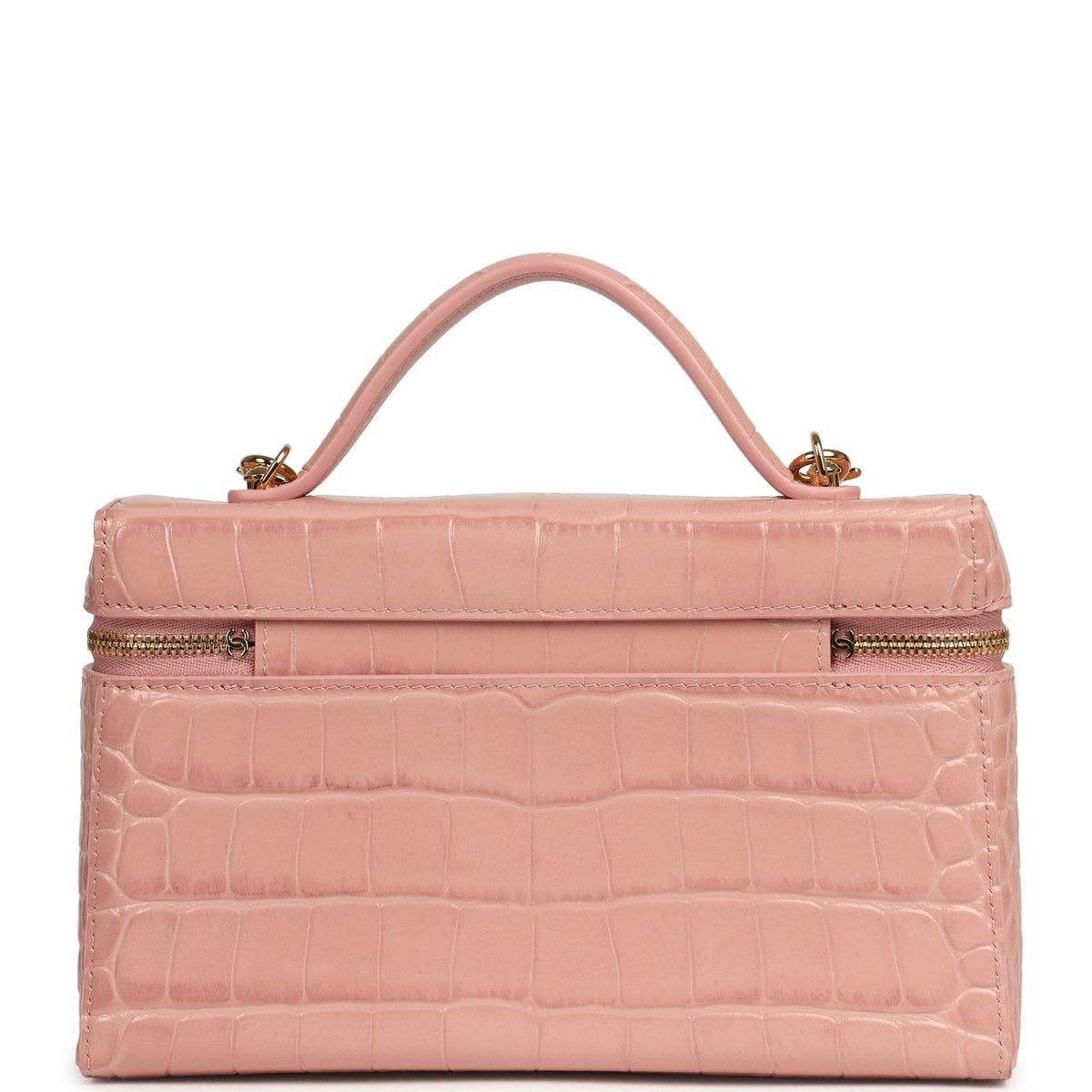 Chanel Top Handle Long Vanity Case with Chain Pink Croc Embossed Calfskin Gold Hardware