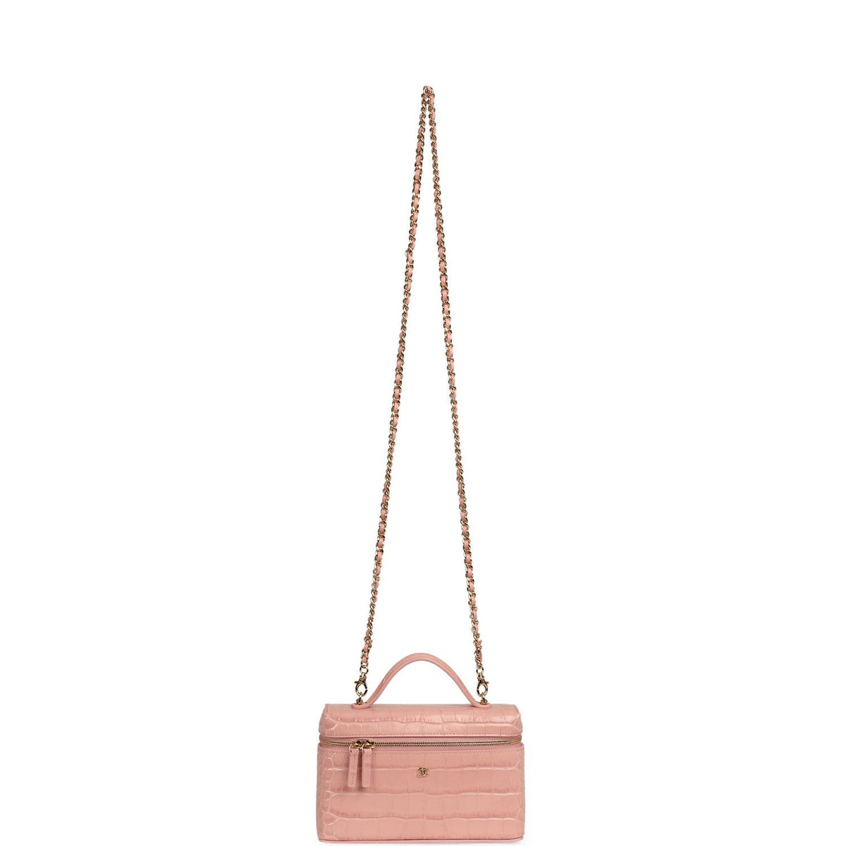 Chanel Top Handle Long Vanity Case with Chain Pink Croc Embossed Calfskin Gold Hardware