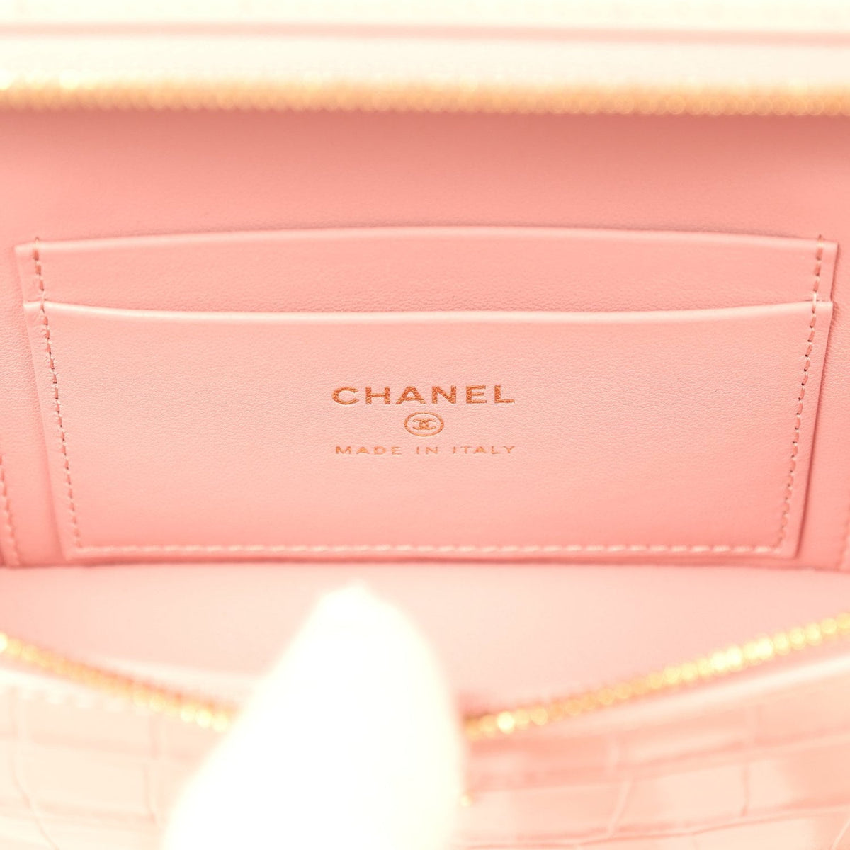 Chanel Top Handle Long Vanity Case with Chain Pink Croc Embossed Calfskin Gold Hardware