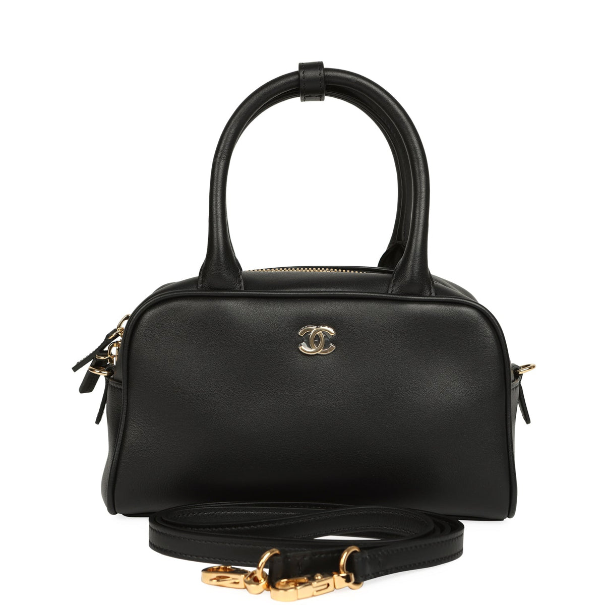 Chanel Mini Bowling Bag with Strap Black Calfskin Gold Hardware