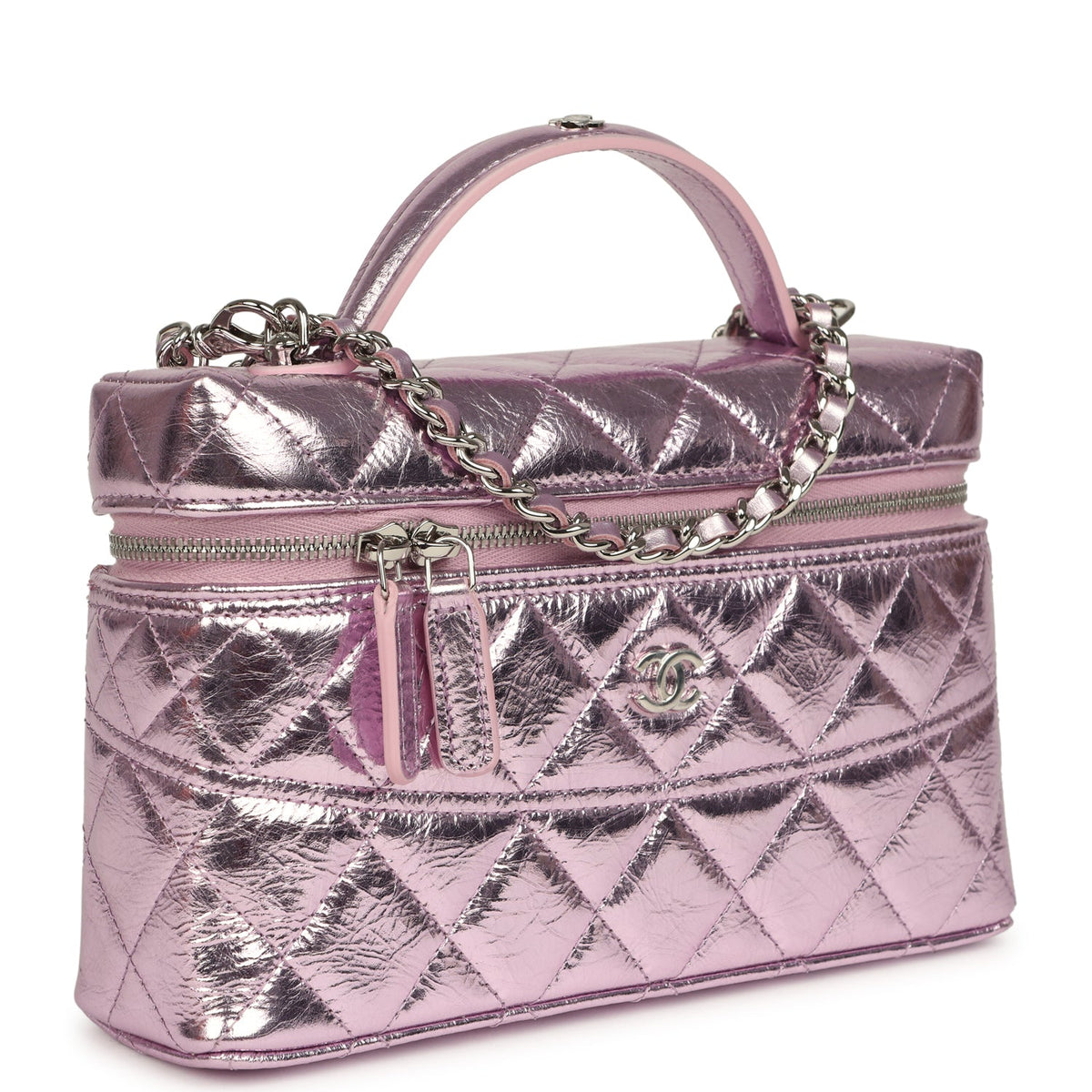 Chanel Trendy Top Handle Long Vanity Case with Chain Pink Metallic Calfskin Silver Hardware