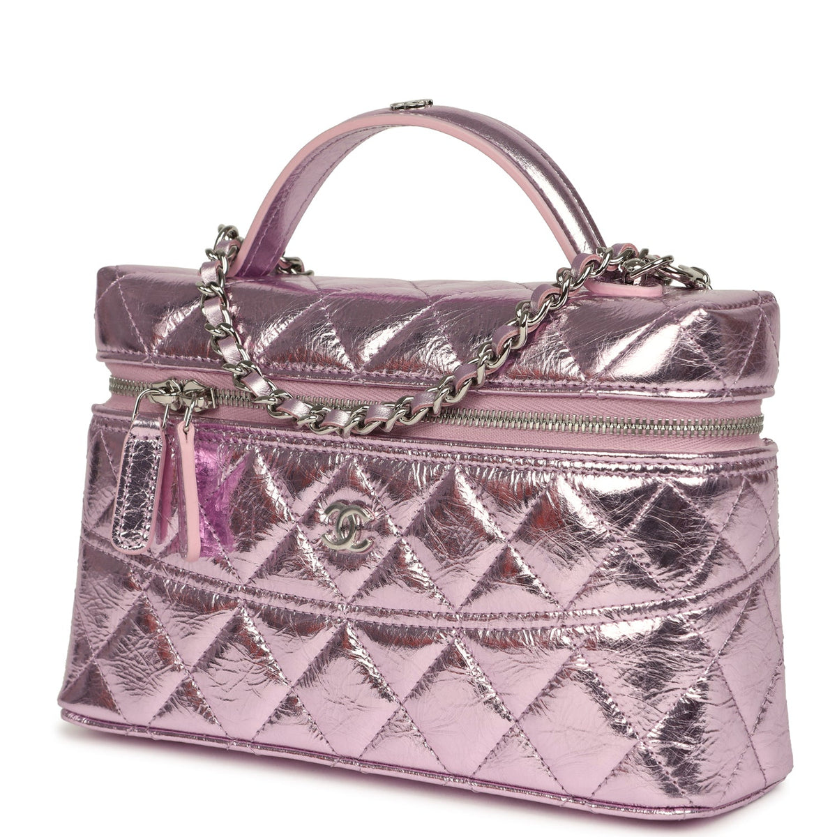 Chanel Trendy Top Handle Long Vanity Case with Chain Pink Metallic Calfskin Silver Hardware