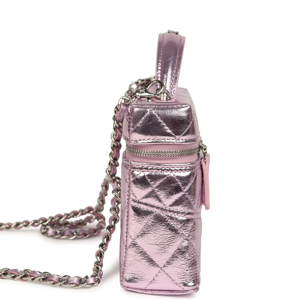 Chanel Trendy Top Handle Long Vanity Case with Chain Pink Metallic Calfskin Silver Hardware