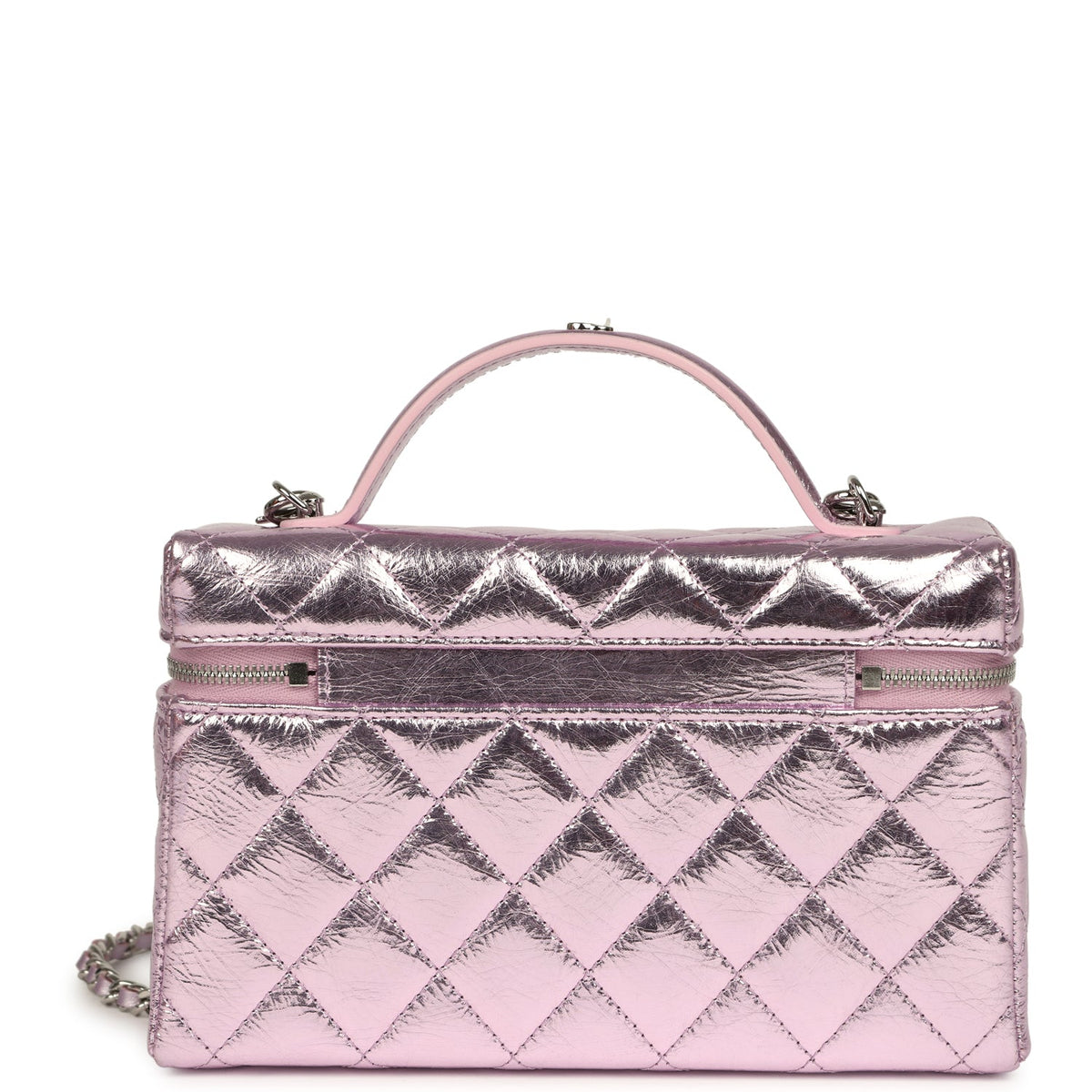 Chanel Trendy Top Handle Long Vanity Case with Chain Pink Metallic Calfskin Silver Hardware