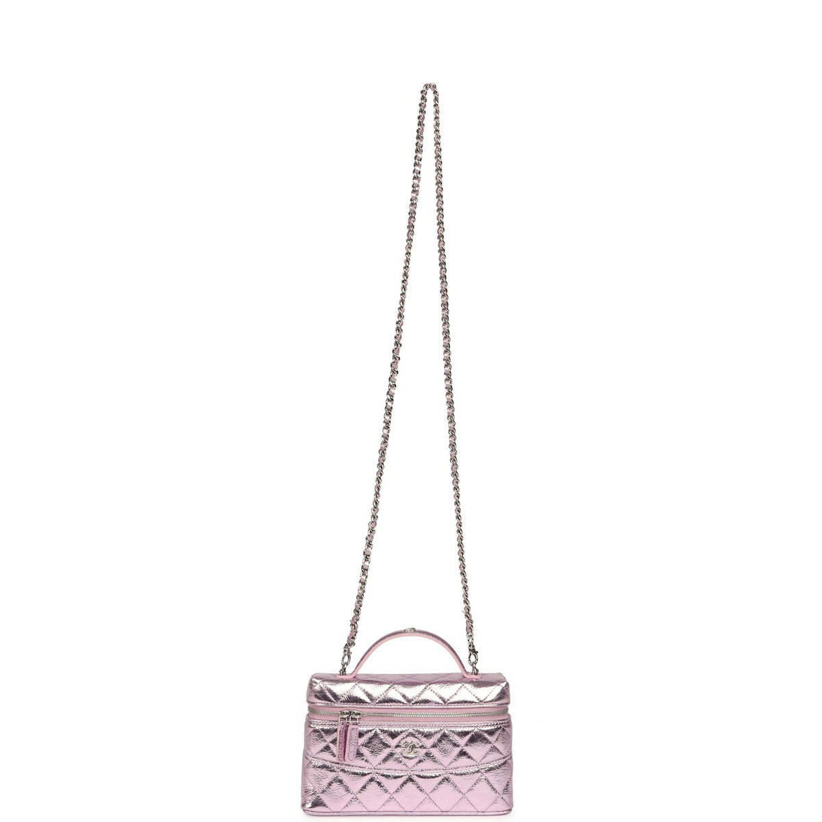 Chanel Trendy Top Handle Long Vanity Case with Chain Pink Metallic Calfskin Silver Hardware