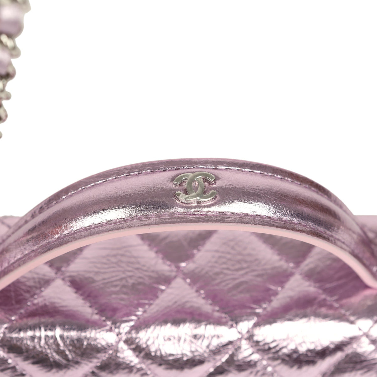 Chanel Trendy Top Handle Long Vanity Case with Chain Pink Metallic Calfskin Silver Hardware