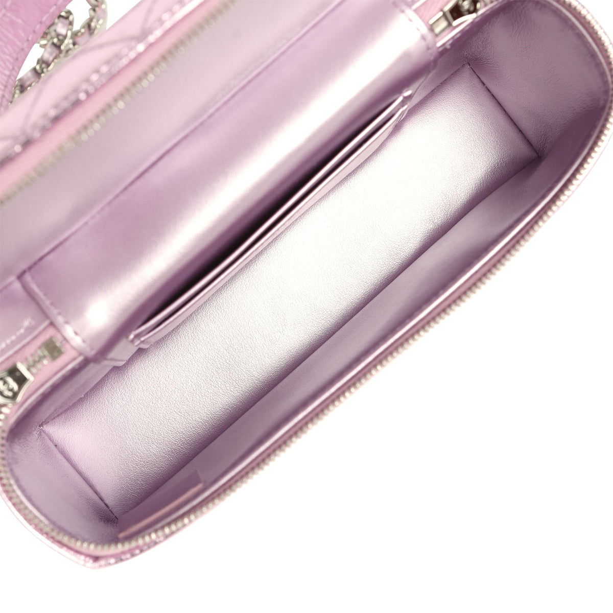 Chanel Trendy Top Handle Long Vanity Case with Chain Pink Metallic Calfskin Silver Hardware