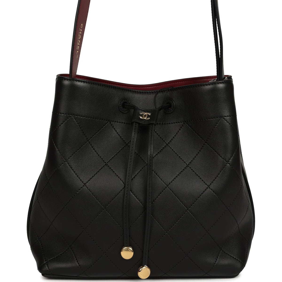 Chanel "CC Loop" Drawstring Bucket Bag with Leather Strap Black, Burgundy Calfskin Gold Hardware