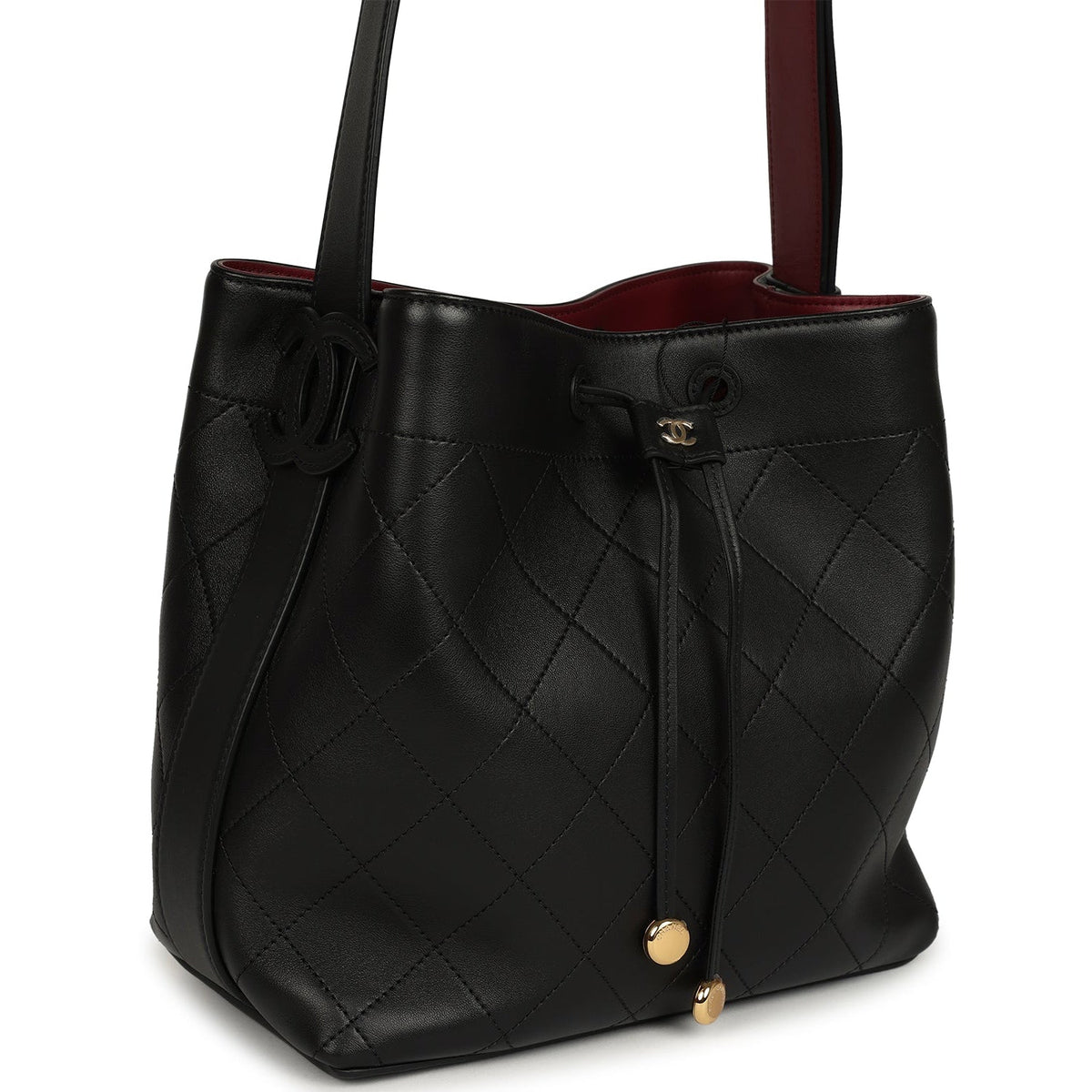 Chanel "CC Loop" Drawstring Bucket Bag with Leather Strap Black, Burgundy Calfskin Gold Hardware