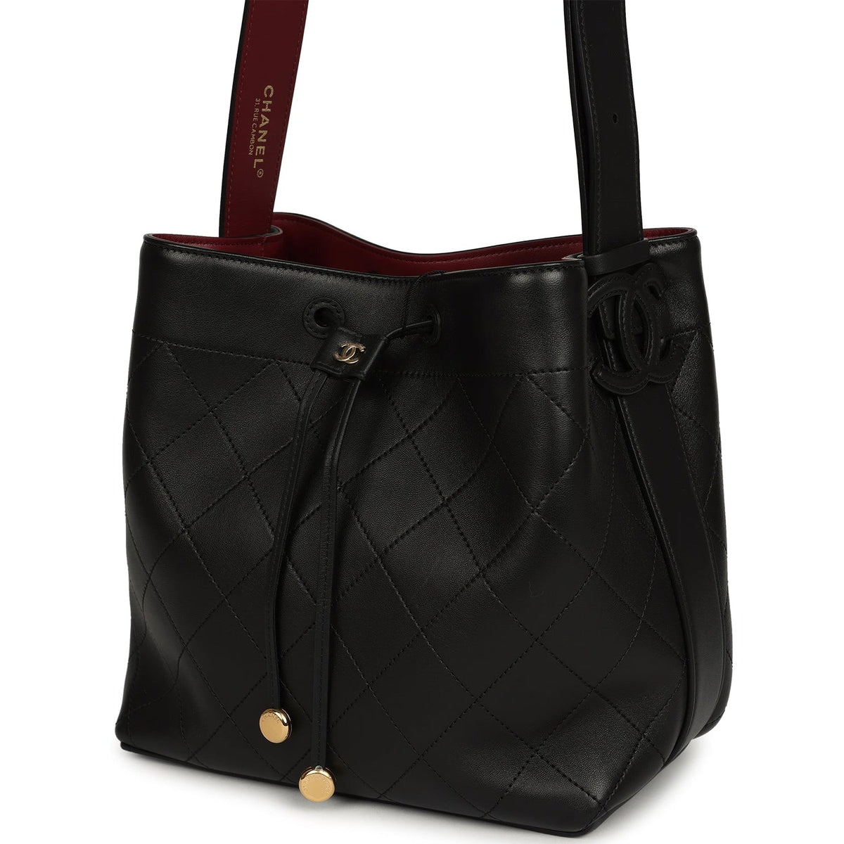 Chanel "CC Loop" Drawstring Bucket Bag with Leather Strap Black, Burgundy Calfskin Gold Hardware