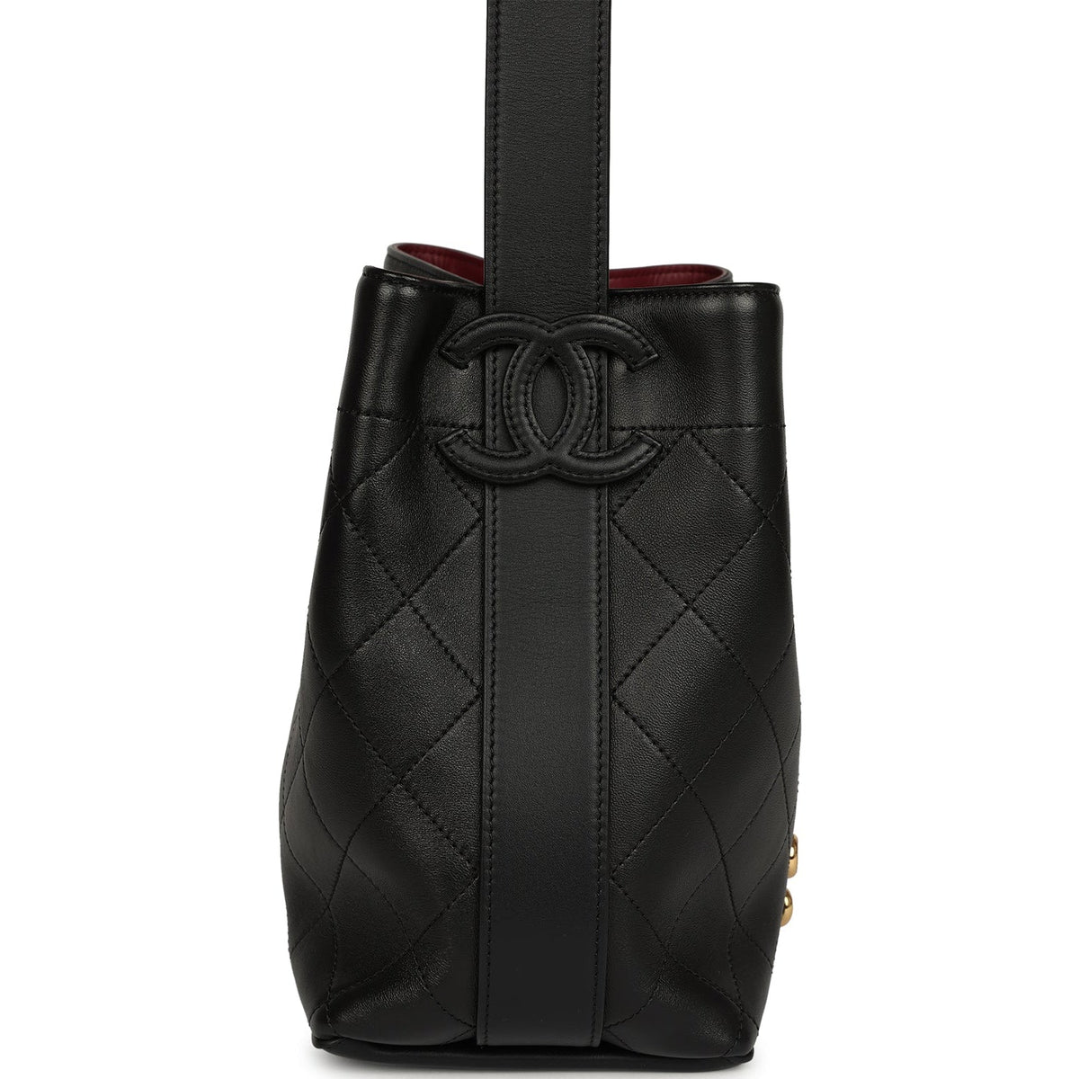 Chanel "CC Loop" Drawstring Bucket Bag with Leather Strap Black, Burgundy Calfskin Gold Hardware