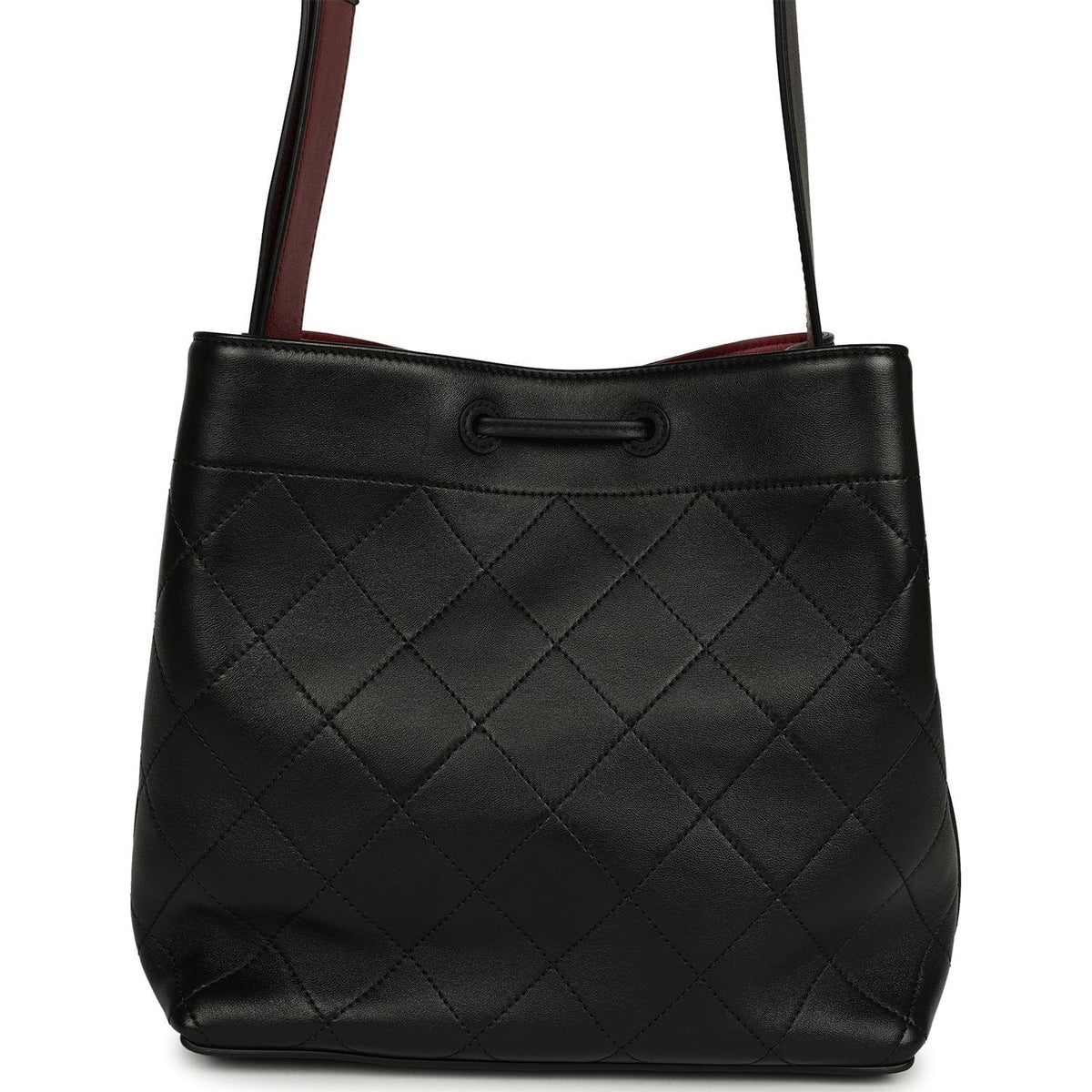 Chanel Medium "CC Loop" Drawstring Bucket Bag with Leather Strap Black, Burgundy Calfskin Gold Hardware