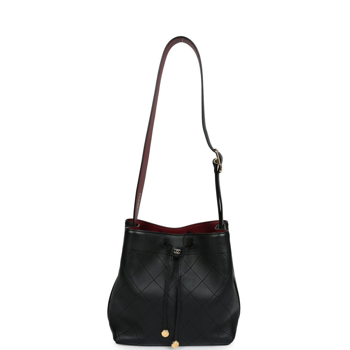 Chanel "CC Loop" Drawstring Bucket Bag with Leather Strap Black, Burgundy Calfskin Gold Hardware