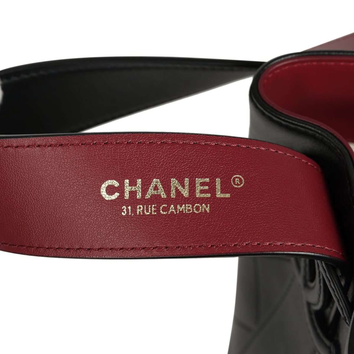 Chanel "CC Loop" Drawstring Bucket Bag with Leather Strap Black, Burgundy Calfskin Gold Hardware
