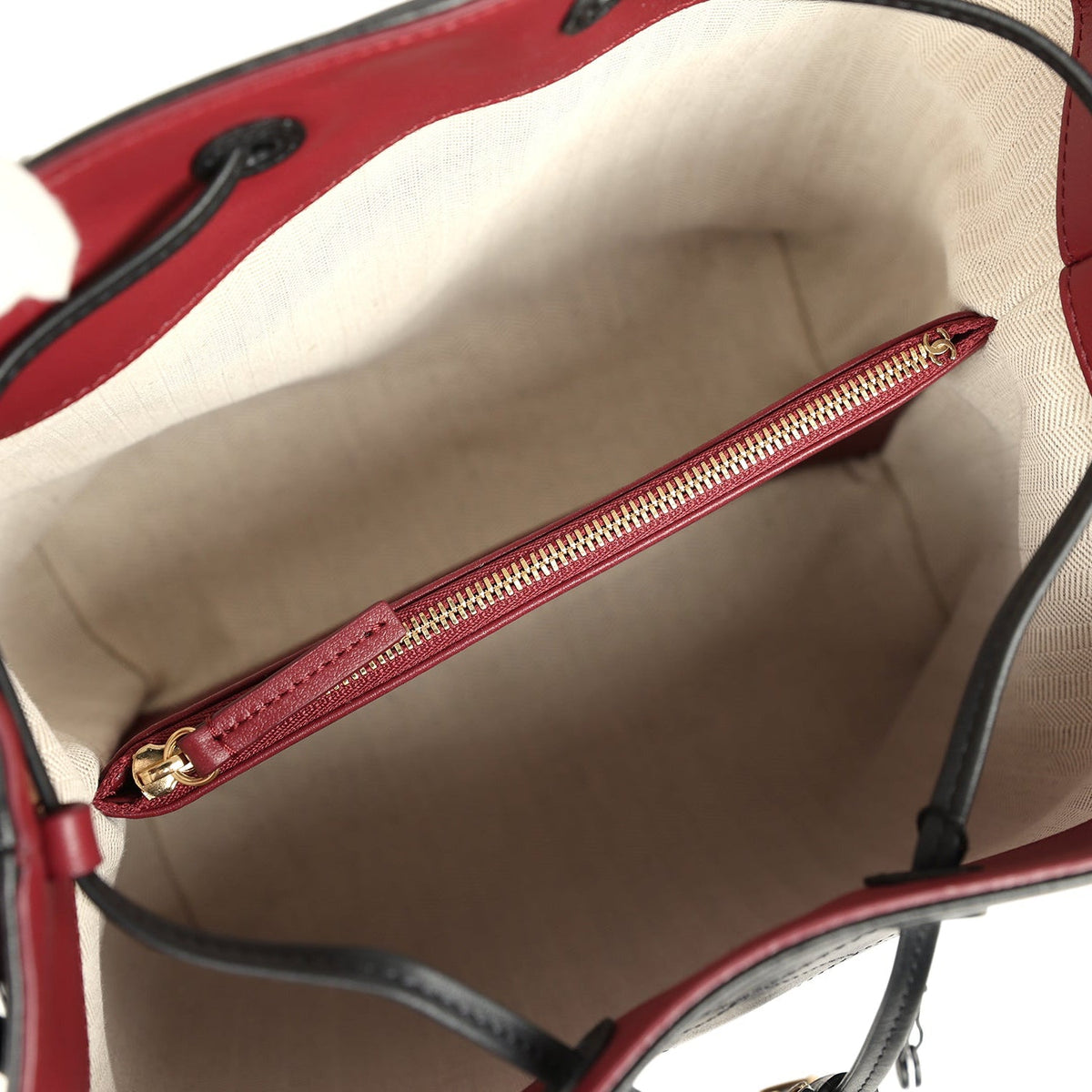 Chanel "CC Loop" Drawstring Bucket Bag with Leather Strap Black, Burgundy Calfskin Gold Hardware