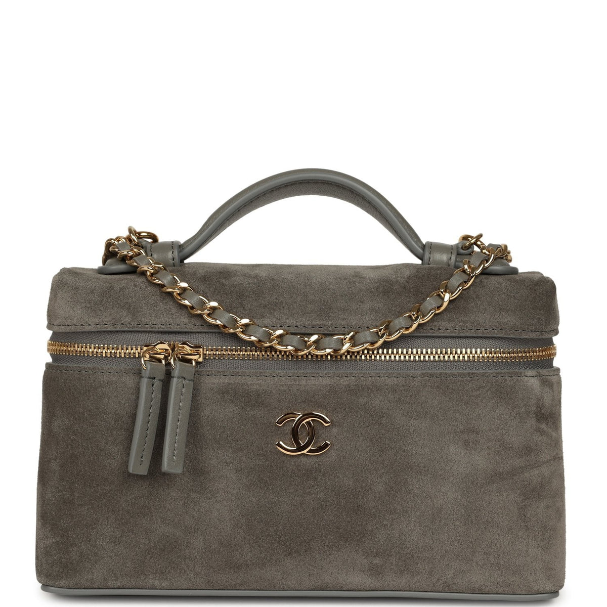 Chanel Top Handle Long Vanity Case with Chain Dark Grey Suede Gold Hardware
