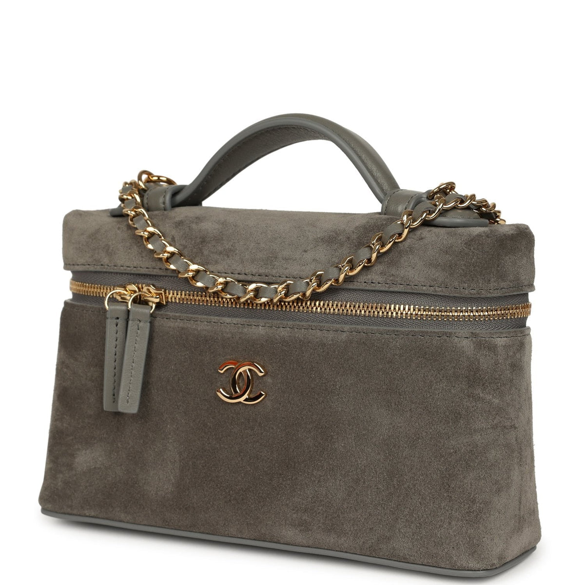 Chanel Top Handle Long Vanity Case with Chain Dark Grey Suede Gold Hardware