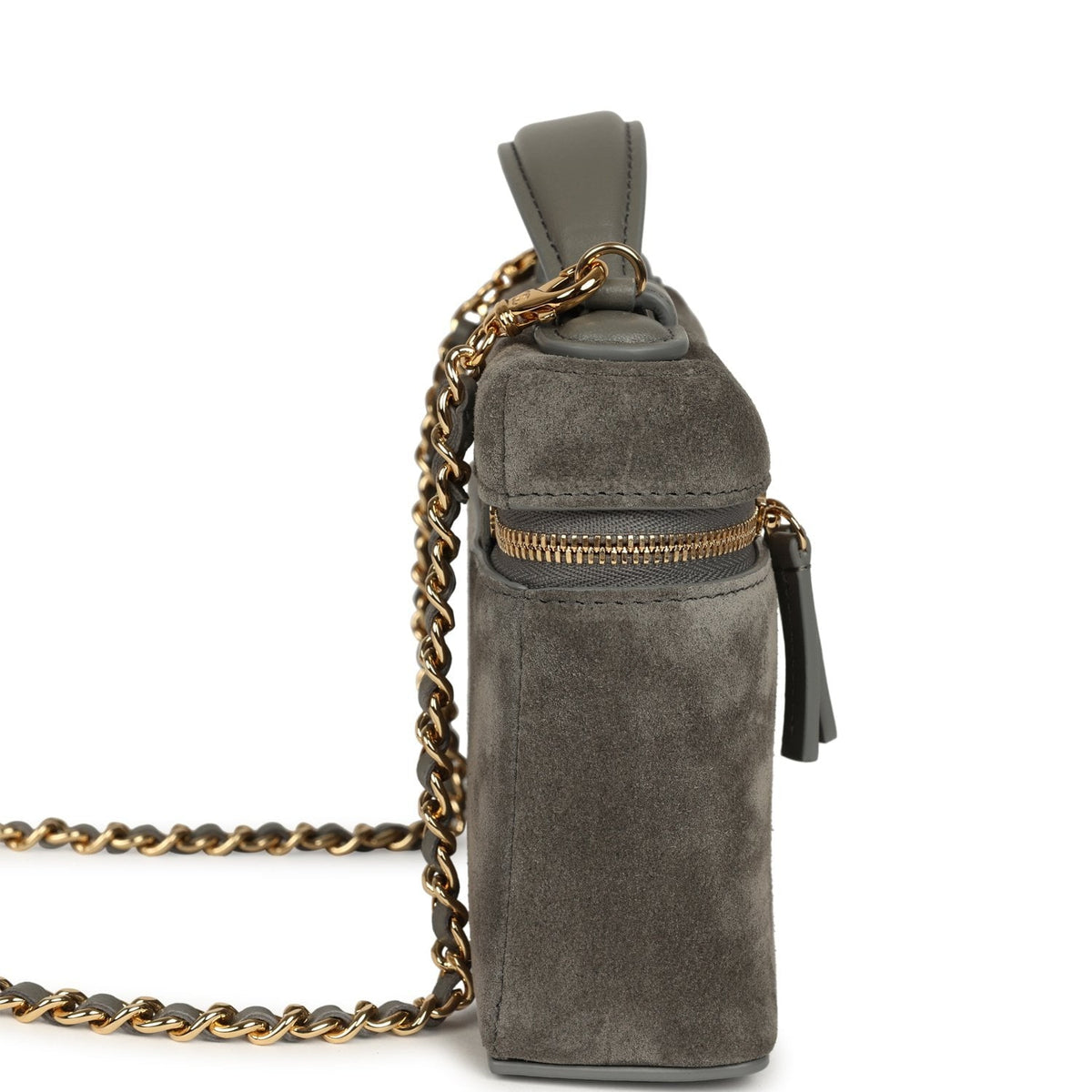 Chanel Top Handle Long Vanity Case with Chain Dark Grey Suede Gold Hardware
