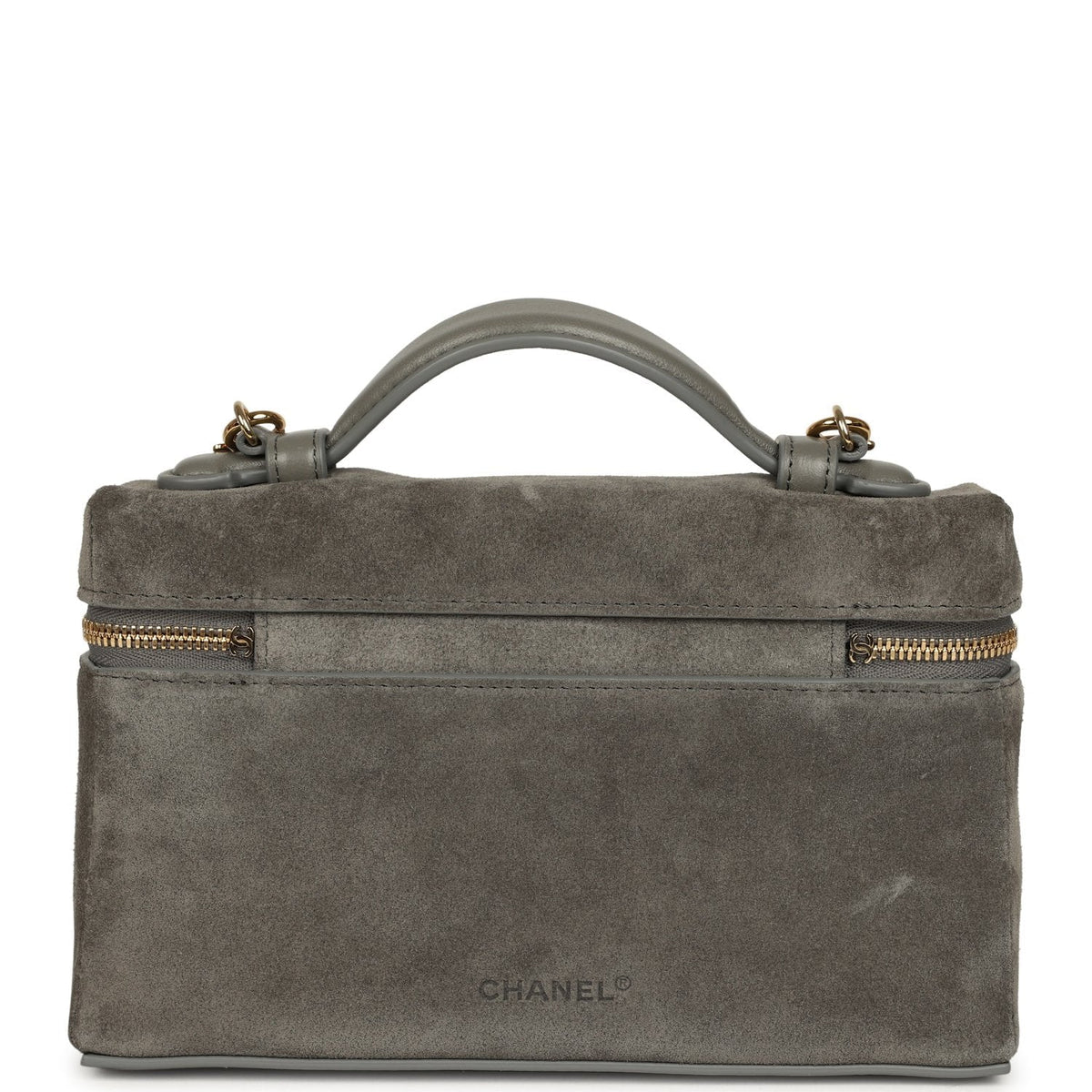 Chanel Top Handle Long Vanity Case with Chain Dark Grey Suede Gold Hardware