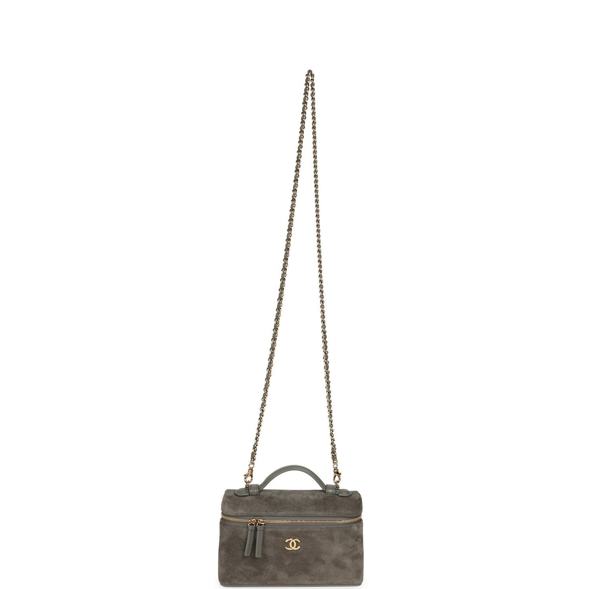 Chanel Top Handle Long Vanity Case with Chain Dark Grey Suede Gold Hardware