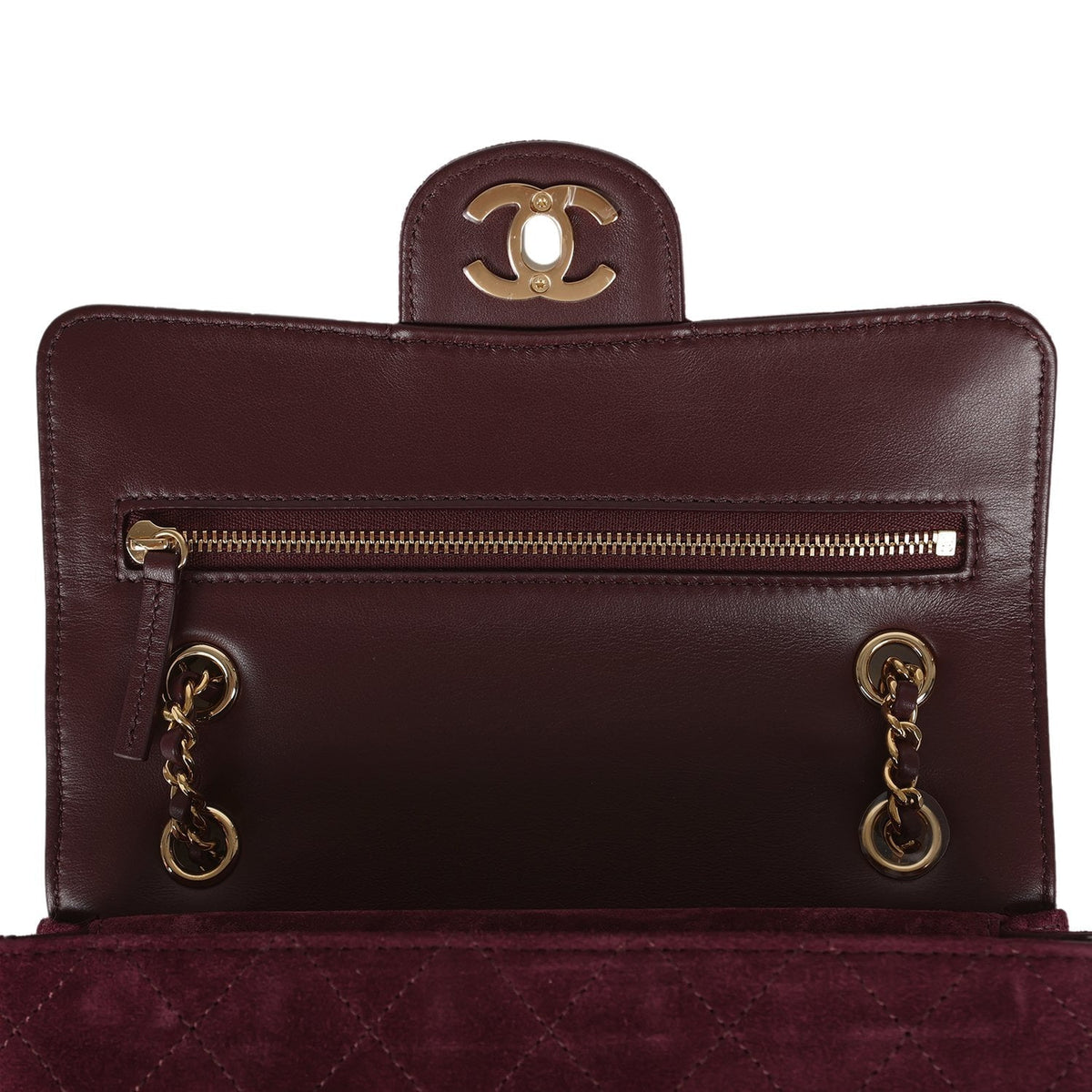 Chanel Mini "Souplissimo" Flap Bag Burgundy Suede Gold Hardware