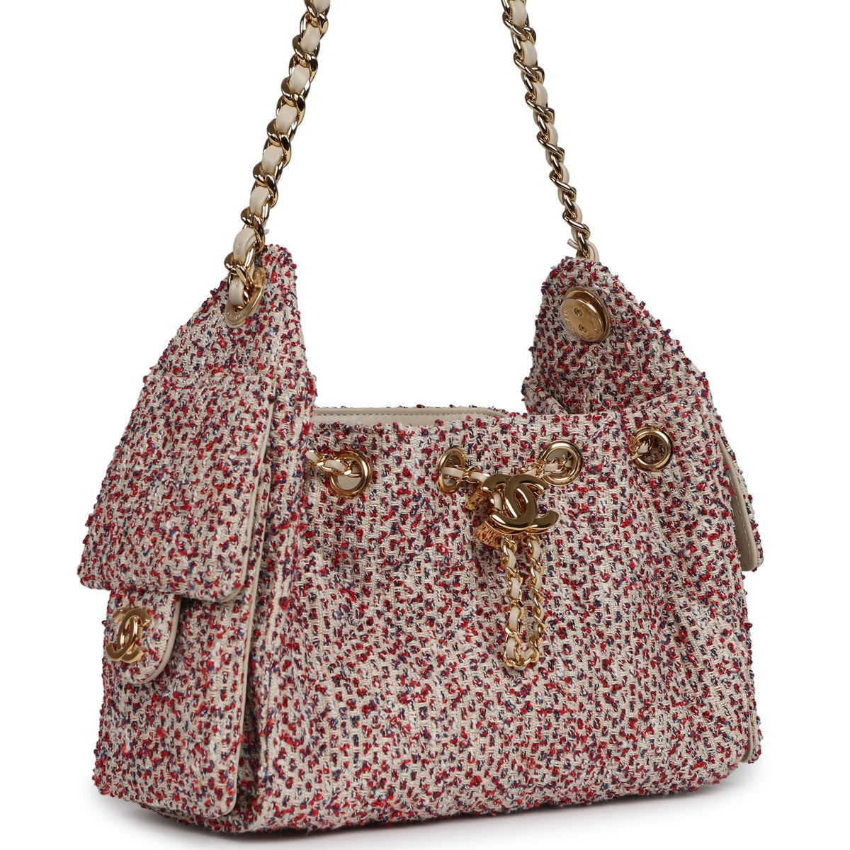 Chanel Mini 25 Hobo Bag Light Beige, Red, White Blue Tweed Boucle Gold Hardware