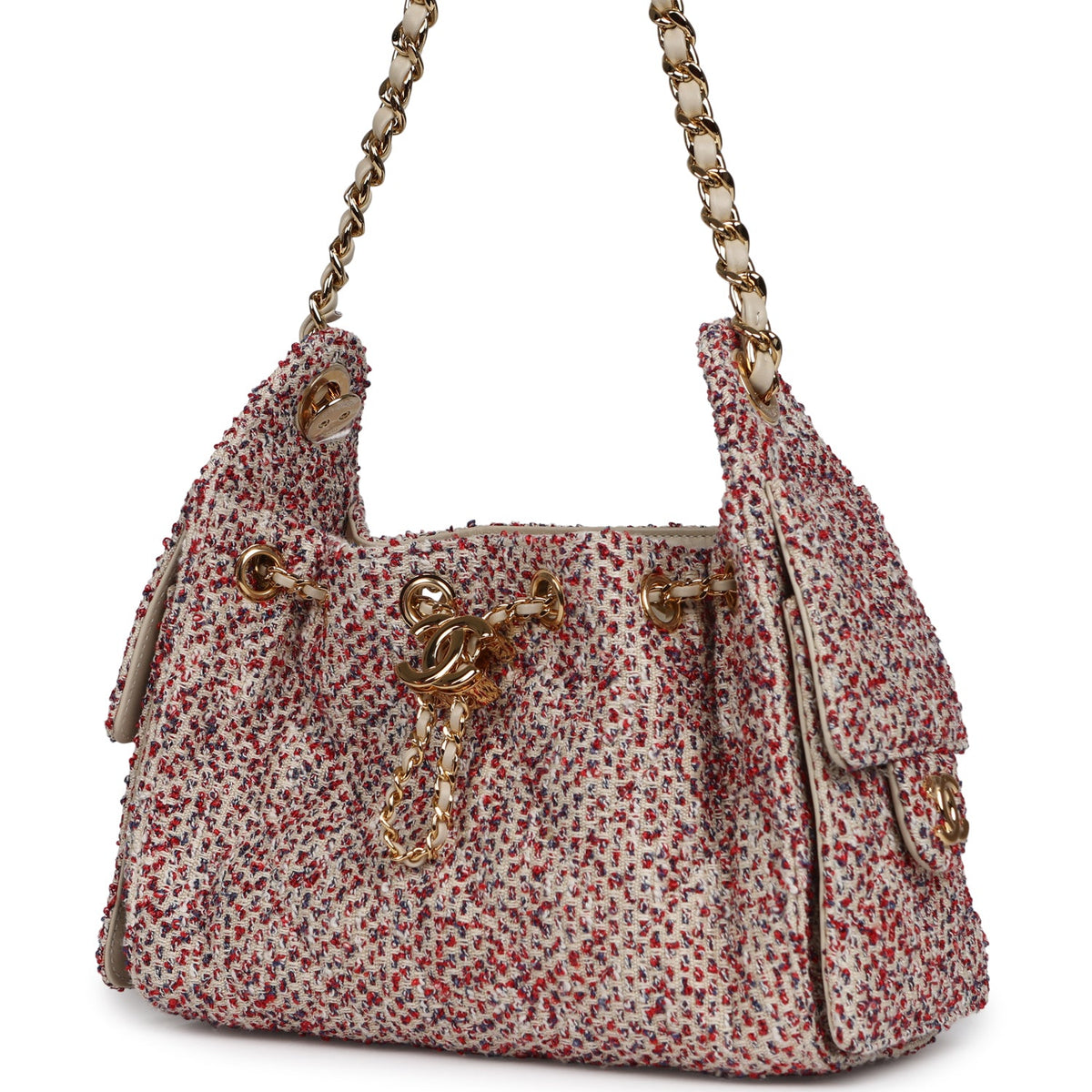 Chanel Mini 25 Hobo Bag Light Beige, Red, White Blue Tweed Boucle Gold Hardware