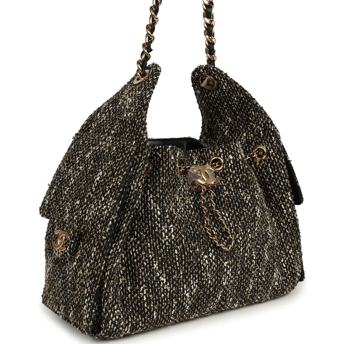 Chanel Small 25 Hobo Bag Black, White, Gold Tweed Bouclé Gold Hardware
