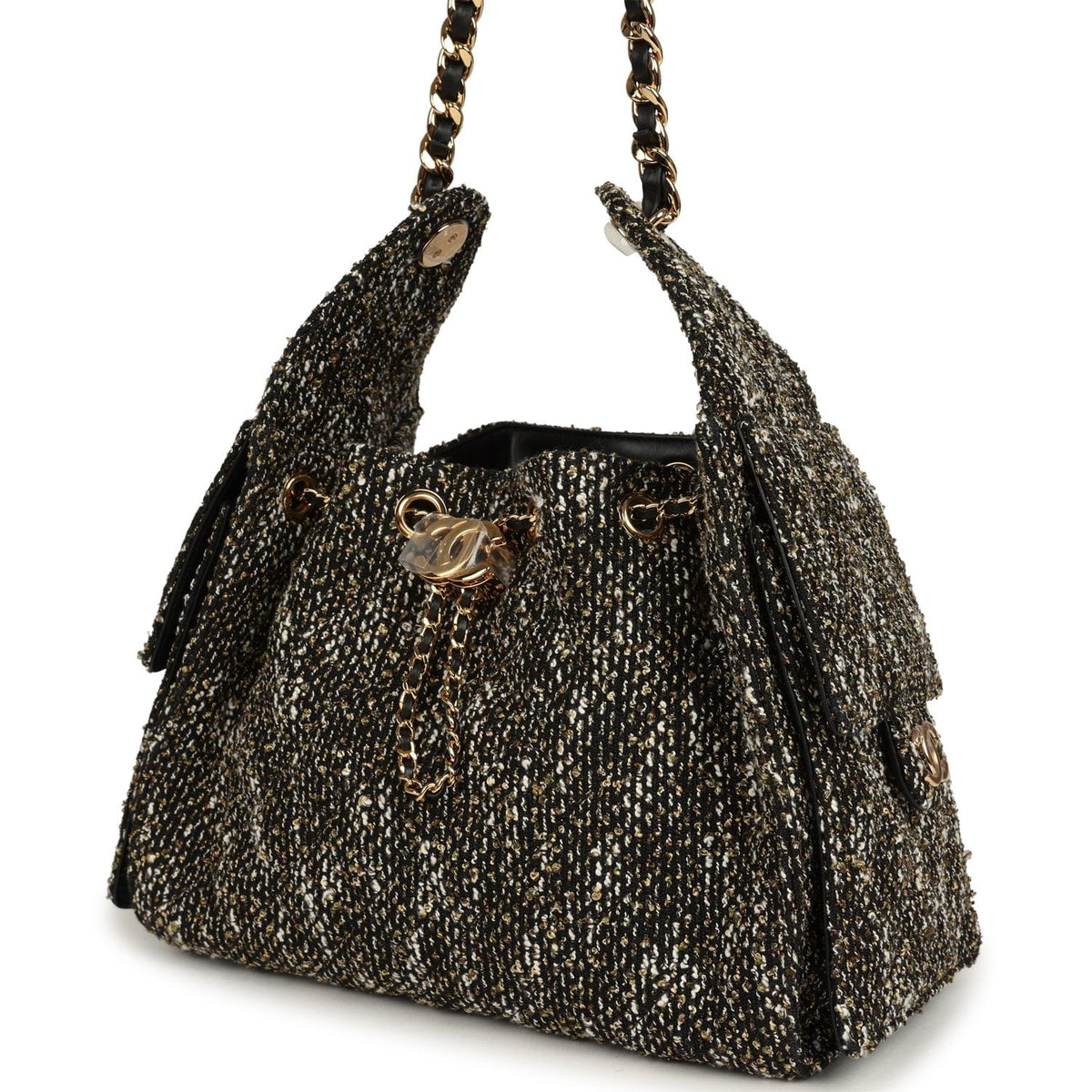 Chanel Small 25 Hobo Bag Black, White, Gold Tweed Bouclé Gold Hardware