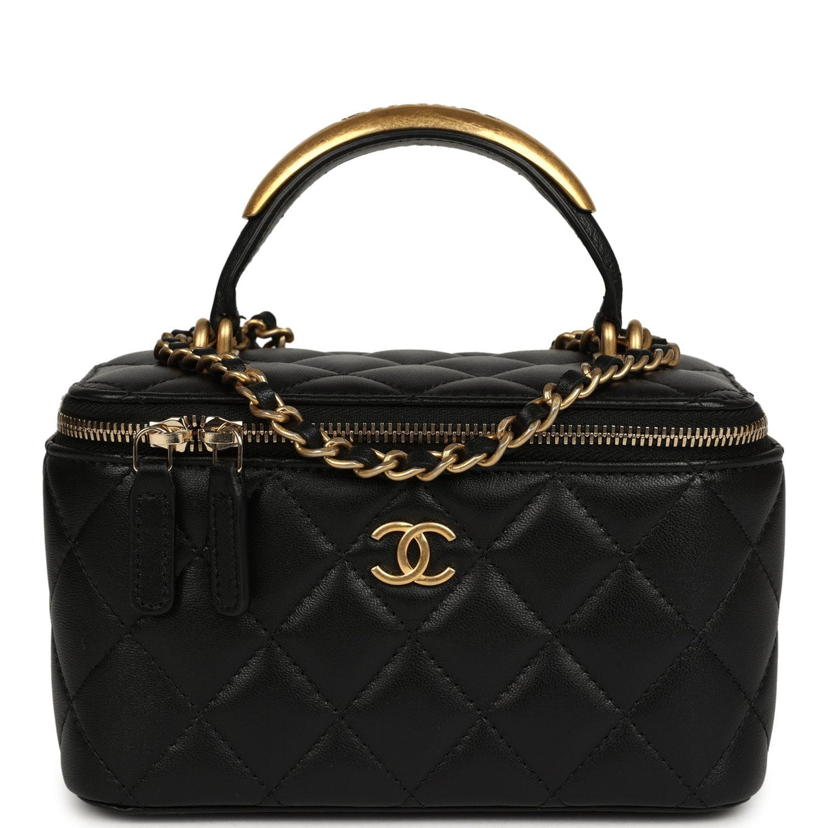 Chanel Small Top Handle Vanity Case with Chain Black Lambskin Antique Gold Hardware