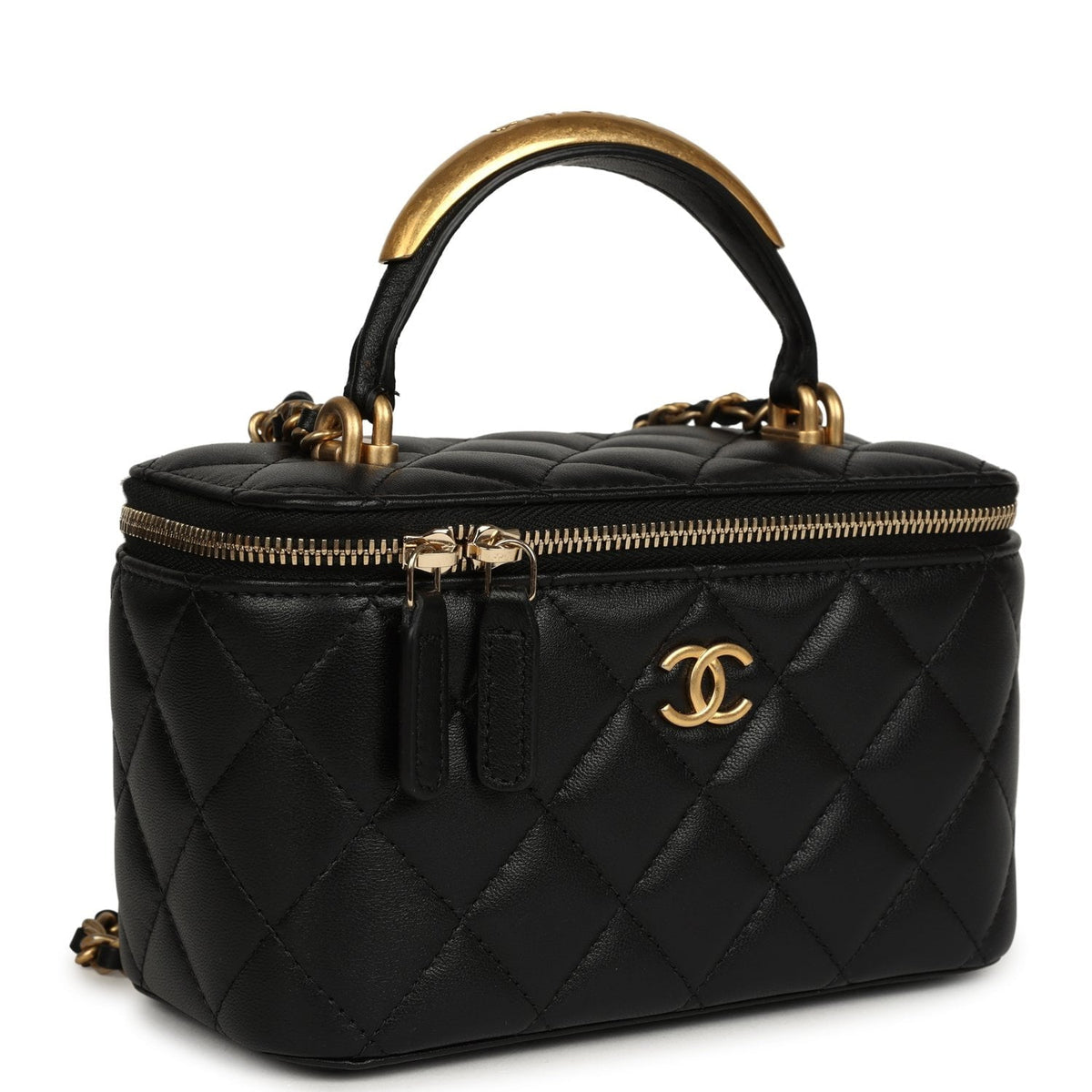 Chanel Small Top Handle Vanity Case with Chain Black Lambskin Antique Gold Hardware