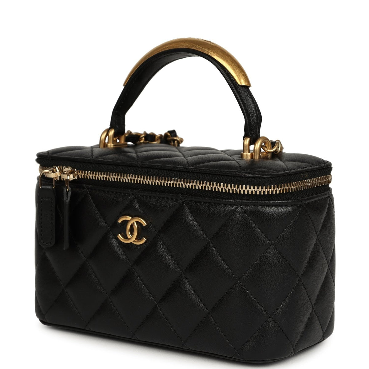 Chanel Small Top Handle Vanity Case with Chain Black Lambskin Antique Gold Hardware