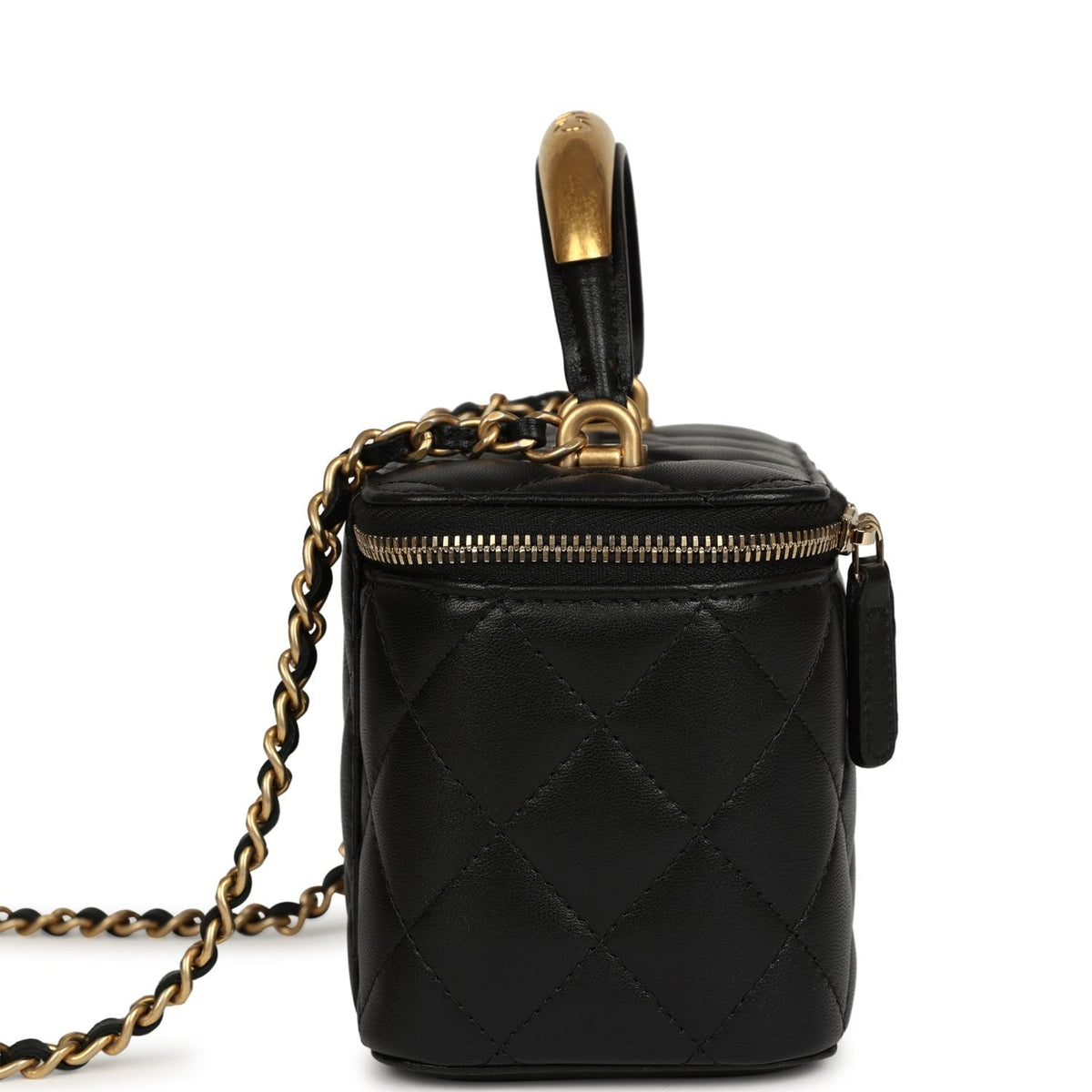 Chanel Small Top Handle Vanity Case with Chain Black Lambskin Antique Gold Hardware